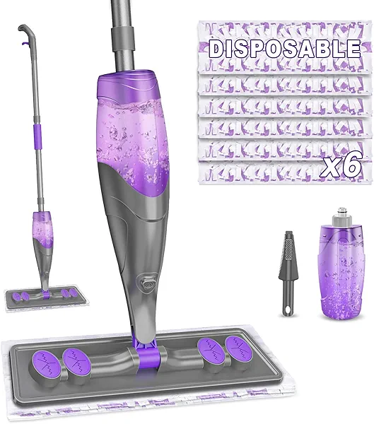 IOPRETTY Spray Mops for Floor Cleaning - Wet Dry Mops with 6 Disposable Pads for Swiffer Powermop - Refillable Bottle for Hardwood Tile Home Kitchen - Absorbs Pet Hair Dust Stains