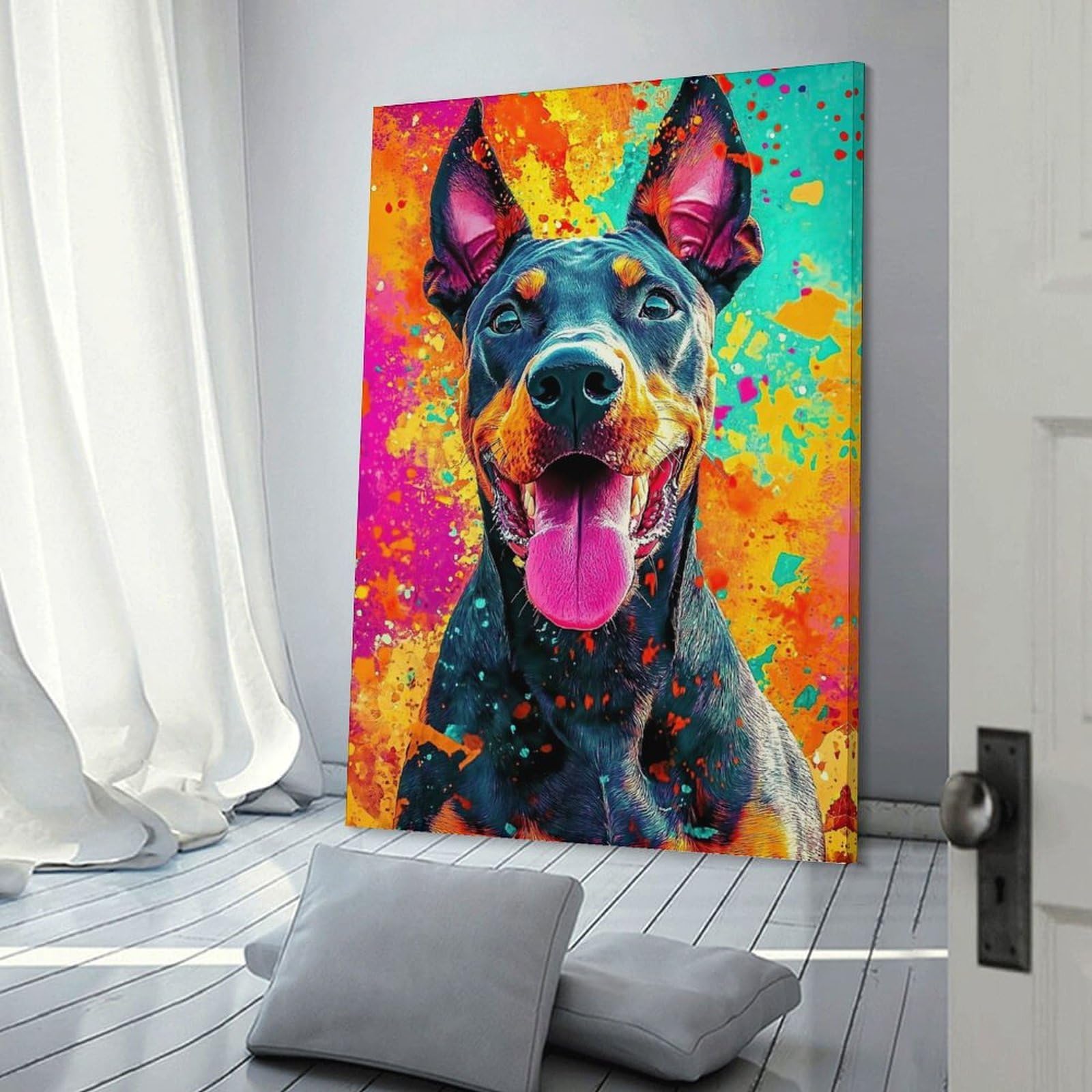 Junmoney Doberman in Splatter Art Canvas Art Print, 24x36inch(60x90cm), for Bedrooms, Workspaces And Everyday Interiors, A Flexible Wall Accent for Shared Spaces