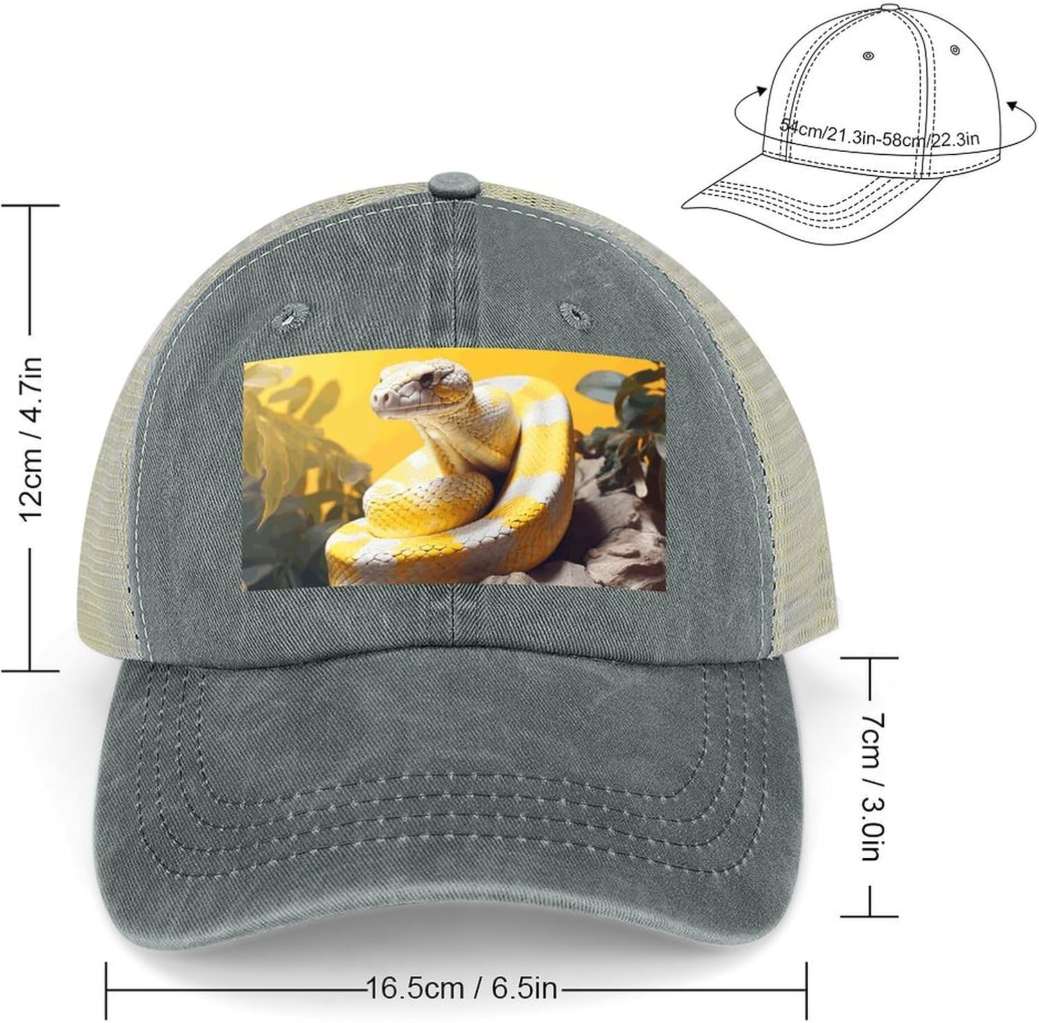 Yellow and White Python Sport Hat for Men Women Hollow Cowboy Hat Adjustable Baseball Cap Apparel Gifts Accessories