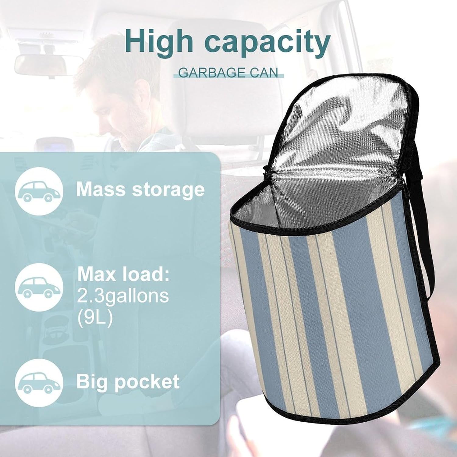 Hanging Car Trash Bag Blue Beige Stripe Printed Car Garbage Storage Bag Leakproof Car Trash Can Portable Garbage Storage Bags