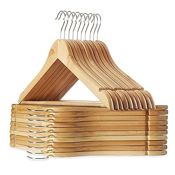 STAR WORK Solid Wood Garment Hangers - with Non Slip Bar and Precisely Cut Notches - 360 Degree Swivel Chrome Hook - Natural Finish Super Sturdy and Durable Wooden Hangers (18)
