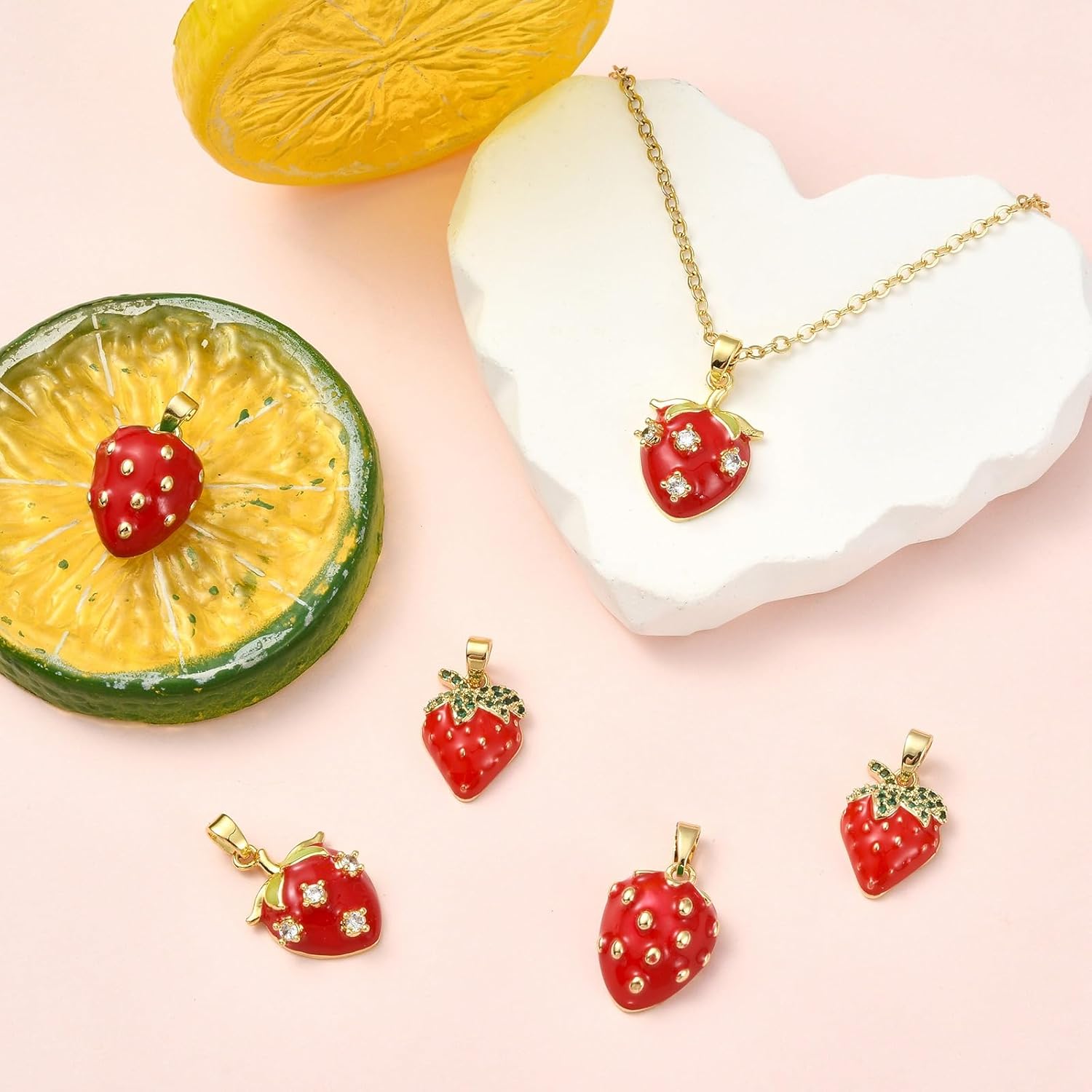 UR URLIFEHALL 6 pcs 3 Styles Red Strawberry Brass Enamel Charms 3D Fruit Cute Food Charms for DIY Summer Bracelet Necklace Earrings Jewelry Making - Image 6