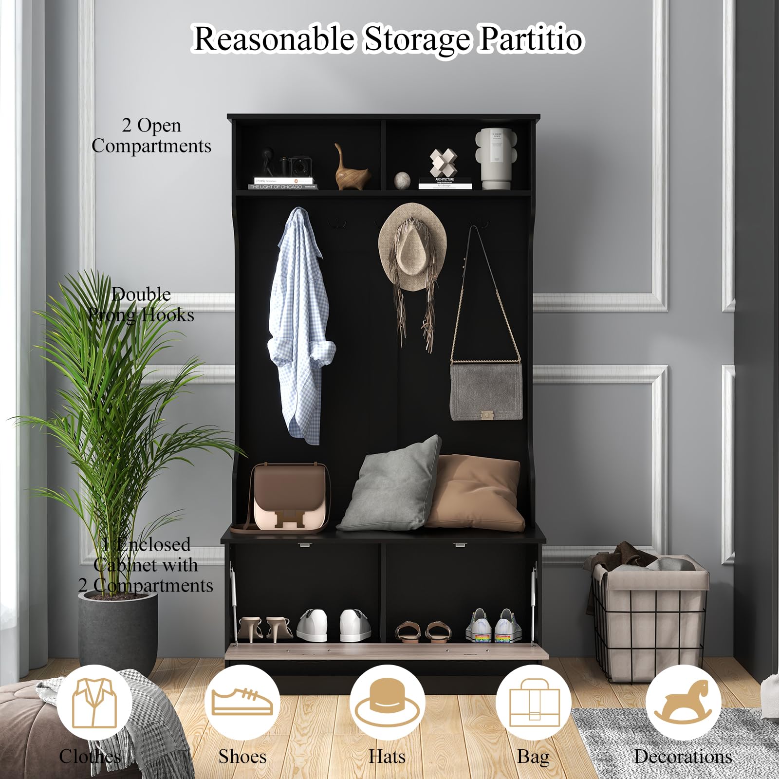 HOMASIS Appendiabiti da Terra con Scarpiera, Appendiabiti Aperti con Panca, 2 Scomparti e 5 Ganci Doppi, Guardaroba Ingresso, Guardaroba per Camera da Letto, Soggiorno, 100 x 40 x 160 cm (Nero)