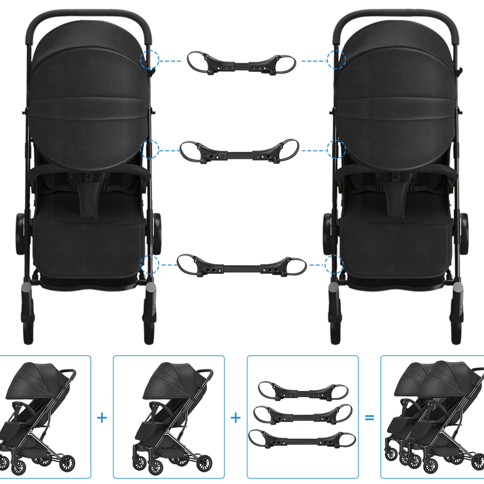 Perfeclan 3 Zwillings-Kinderwagen-Verbindungs aus Aluminiumlegierung, Sicherheits-Doppelschirm-Verbindungs, sicherer Riemen, schwarz