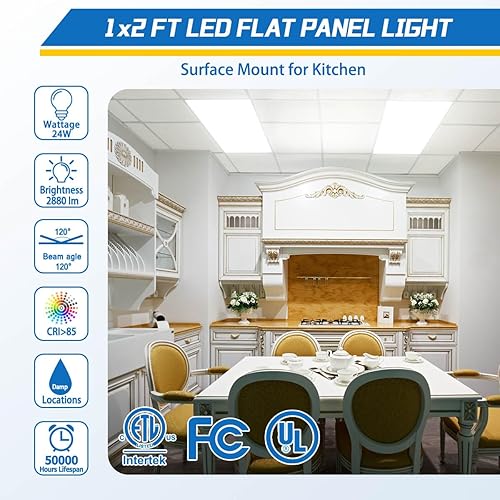 Miniatura 4 de Allsmartlife Luz LED plana de 1 x 2 pies, montaje en superficie, 24 W, 2880 lm, 5CCT, 3000 K-6000 K, seleccionable, regulable, iluminación de borde,