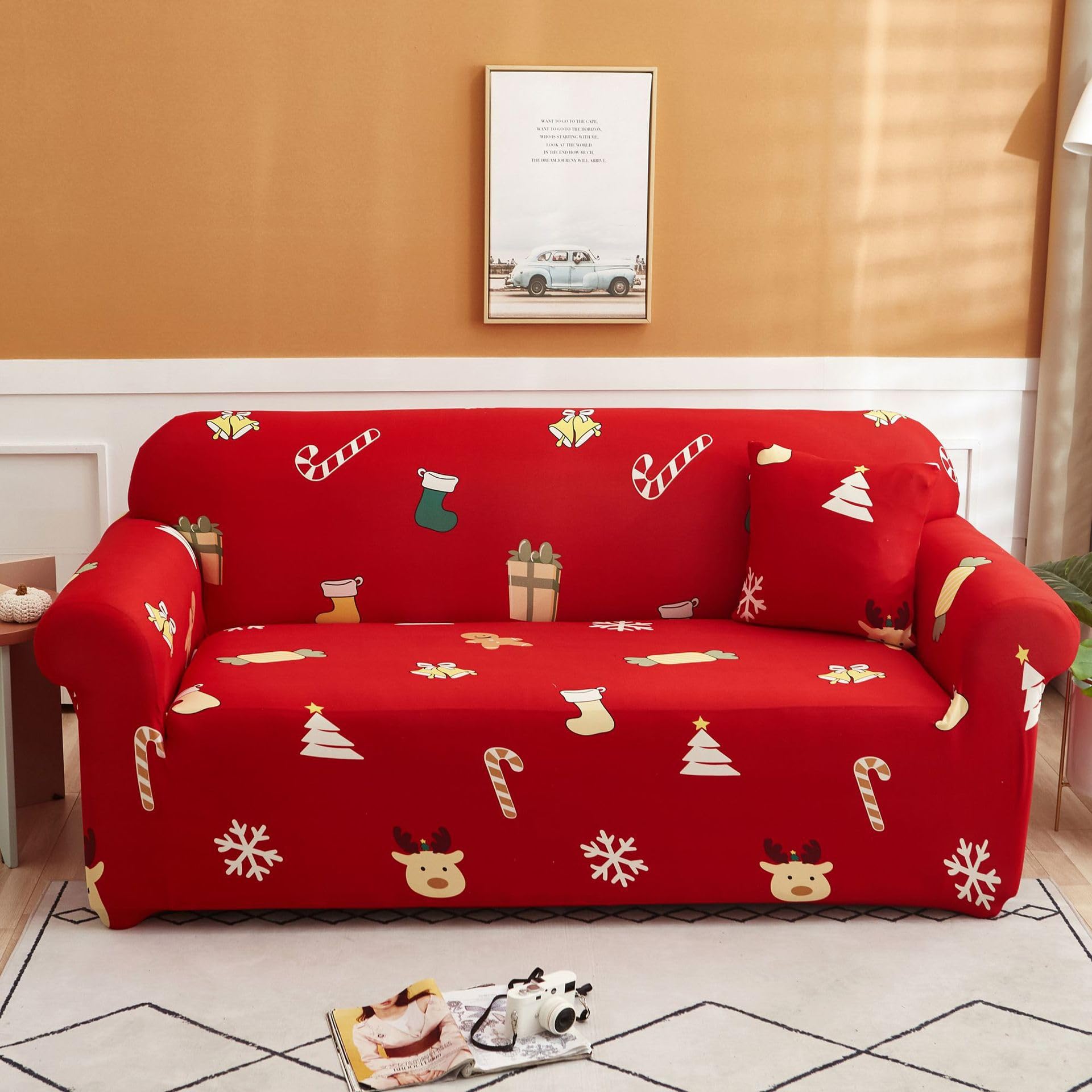 Odot Funda Sofa,Funda Sofa 4/3/2/1 Plazas Lavables,Elegante Tema Navideño Fundas Sofas Ajustables, Universal para Familias Cubre Sofa, Fundas Sofa Elasticas (4 Plazas,Navidad)