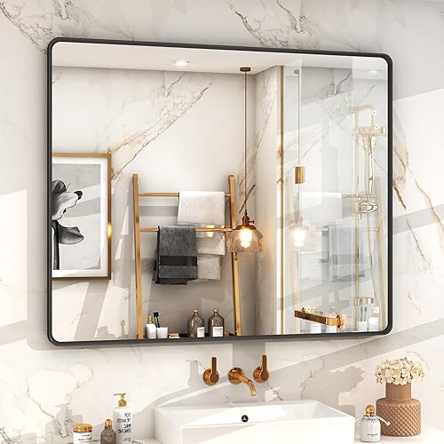Miniatura 38 de OKPAL Espejo de Baño con Marco de Metal Negro de 40 x 36 Pulgadas para Pared, Espejo de Tocador de Baño Negro Mate, Espejo Rectangular Redondeado