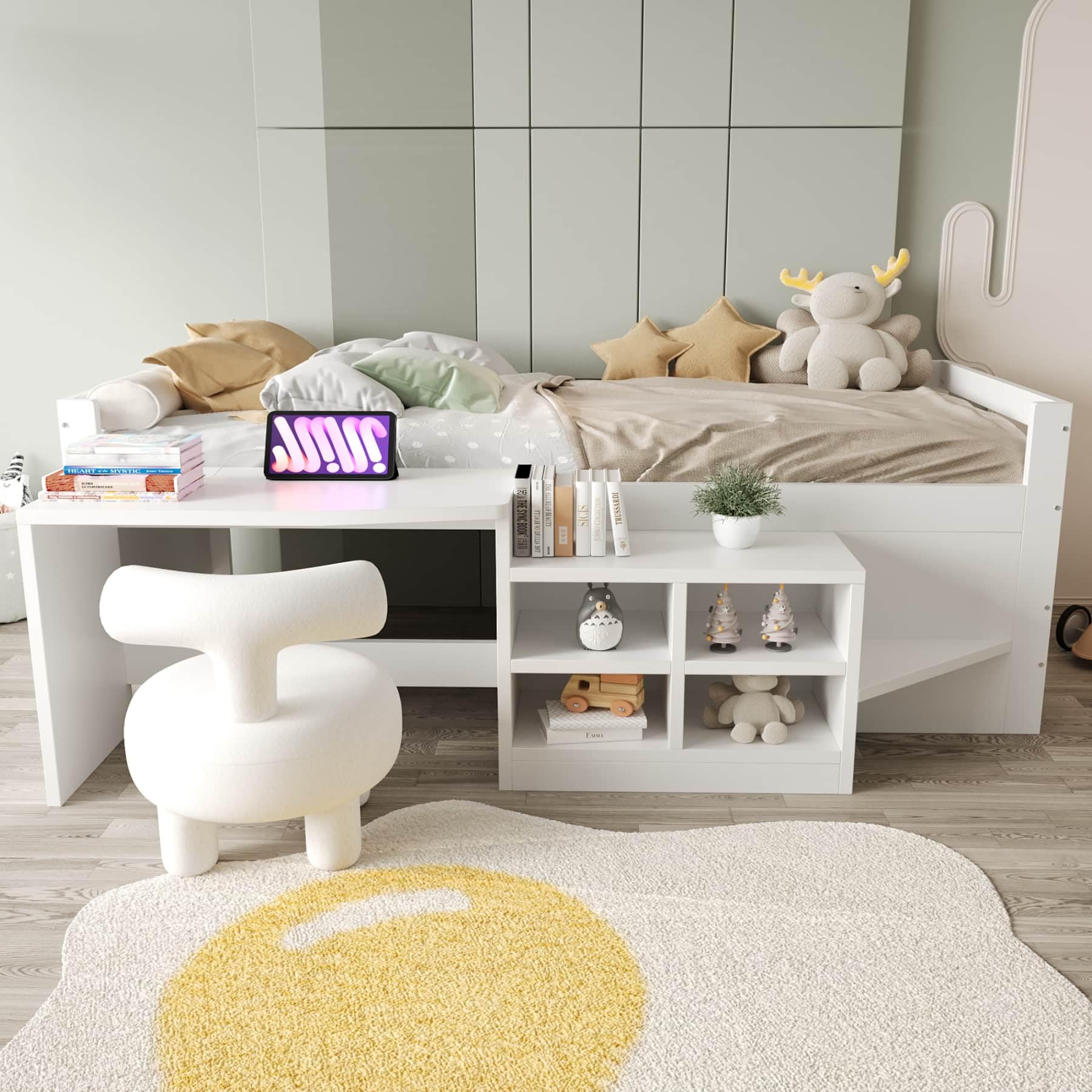 YEHTOKHOME Lit Multifonctionnel en Bois de 90 x 200 cm avec Bureau et Armoire de Rangement,Moderne lit Simple pour Enfant avec 2 Ports USB et Prise électrique(sans Matelas) (B, Blanc)