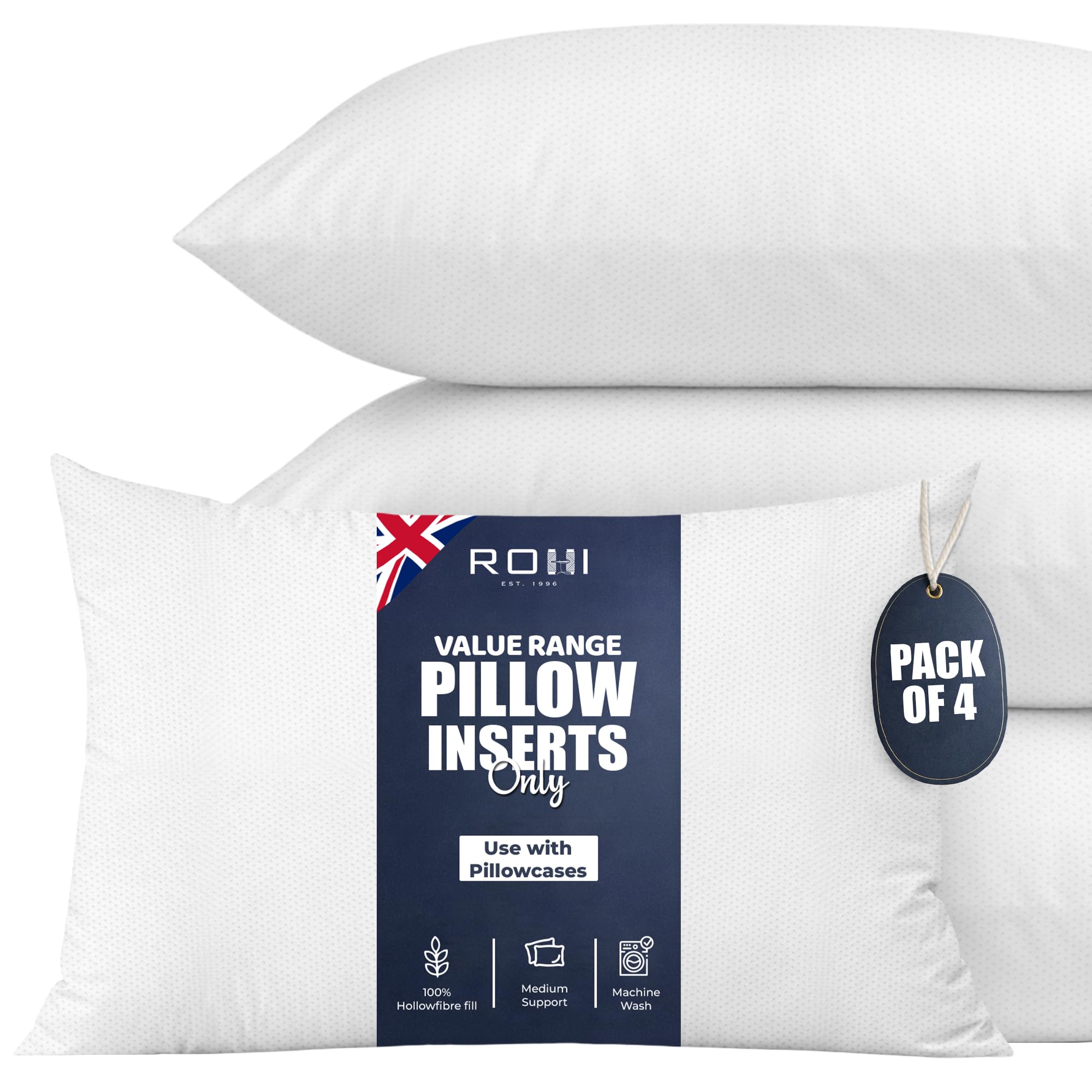 Rohi Value Range Pillows 4 Pack | Neck Support Hypoallergenic Pillow | Breathable Medium Firm Pillows for Back, Front & Side Sleepers | UK Made 45 × 66 cm