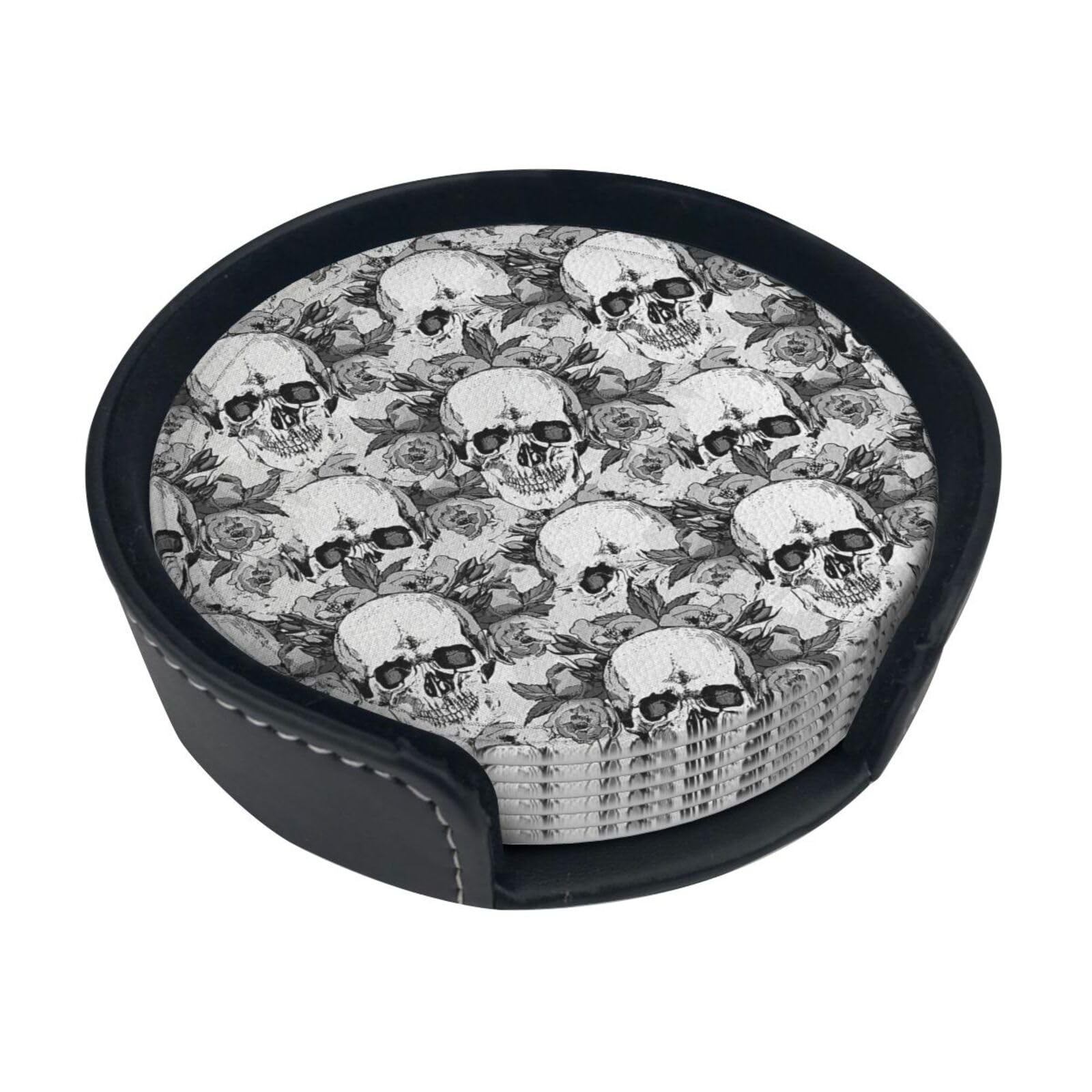 Skull Skeleton Coasters For Drinks, 6 Pcs Leather Coaster With Holder, Round Cup Mat Pad Set For Home And Kitchen 3.9 Inches