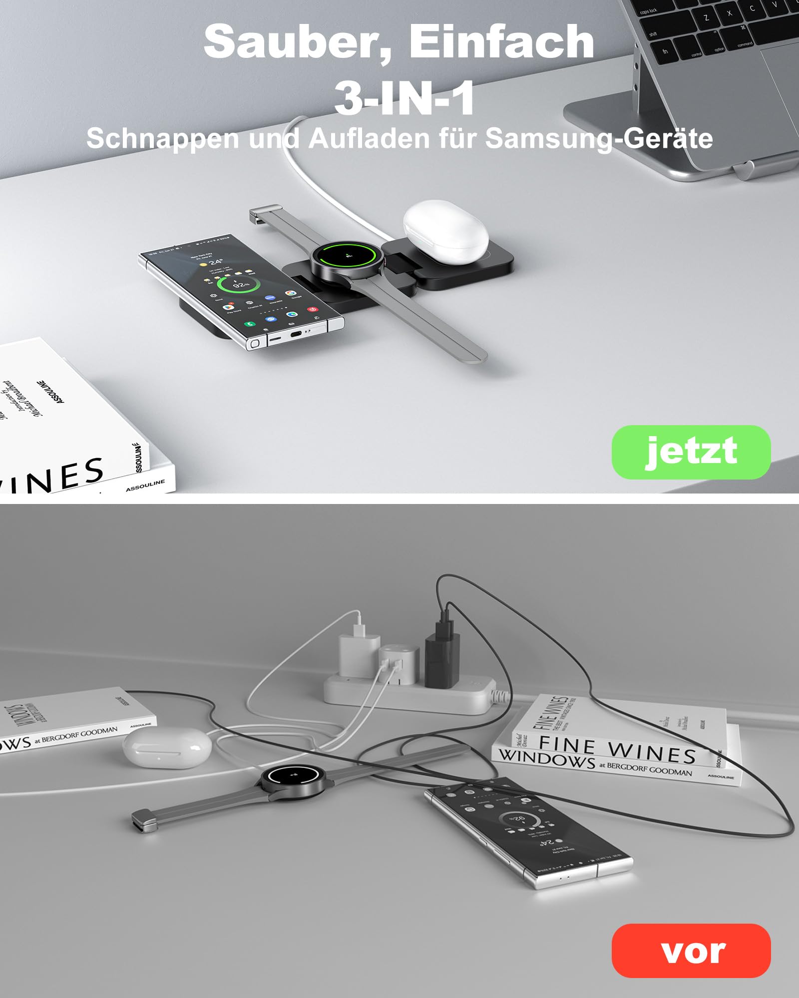 KU XIU X55 Induktive Ladestation für Samsung, 3 in 1 Wireless Charger für Samsung S25 Ultra S24 S23 Z Flip Fold, Kabellose Ladegerät Faltbare für Galaxy Watch 7 6 5 4 3 und Galaxy Buds