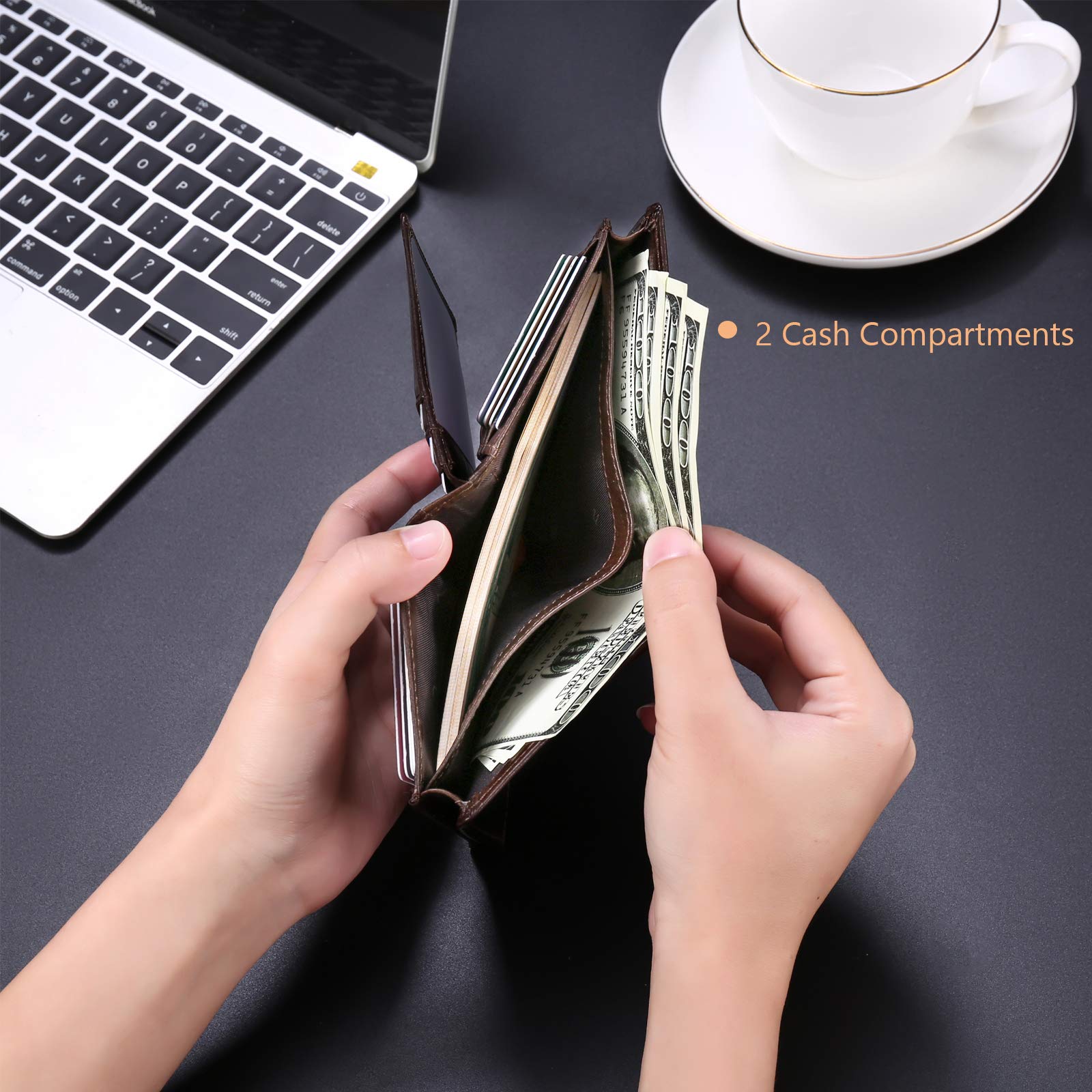 Carteras para hombres de gran capacidad de cuero genuino RFID plegable hombres billetera/titular de la tarjeta de crédito con ventana de identificación, Ab-café, Minimalista 6