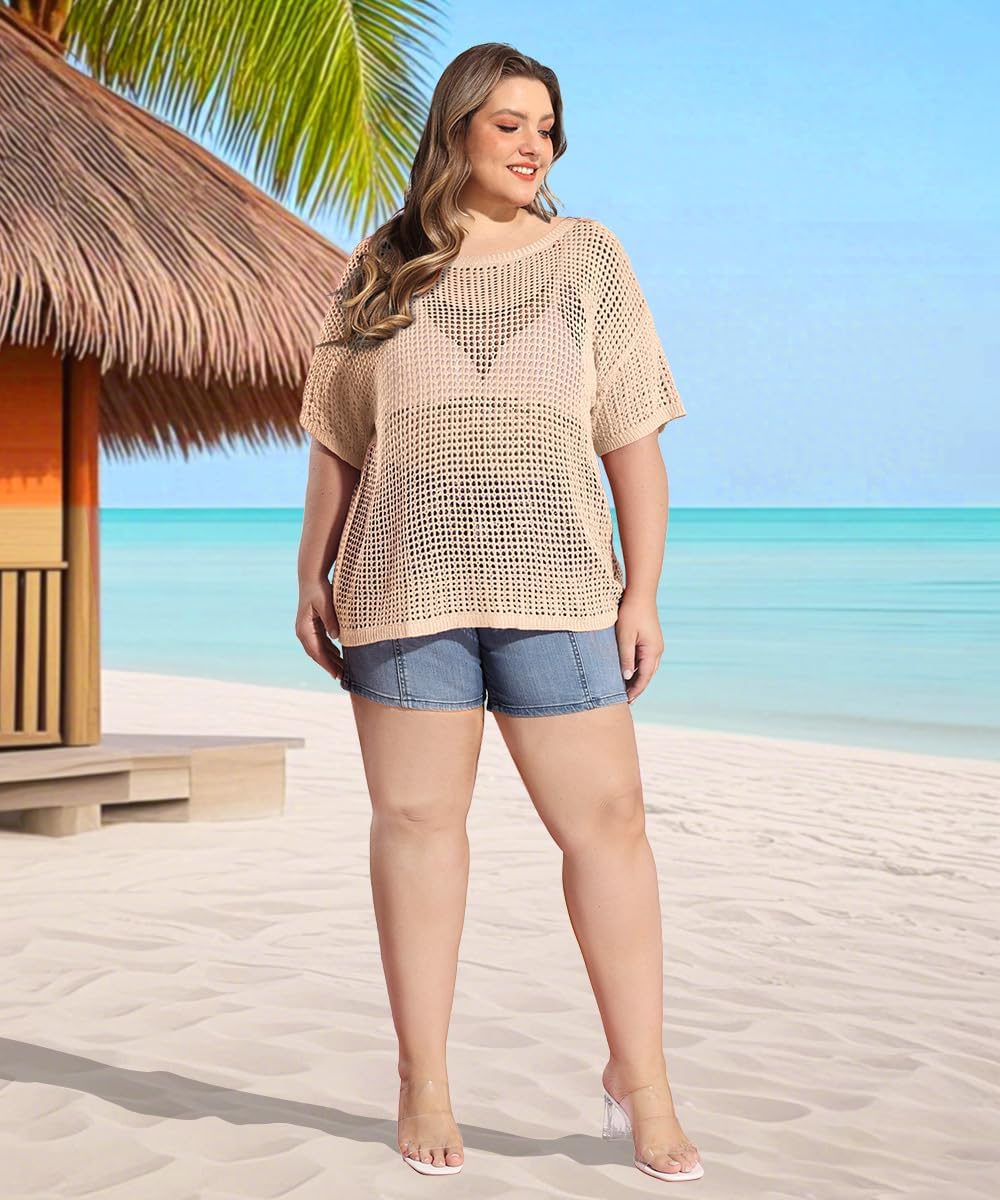 RITERA Plus Size Women Crochet Cover Up Summer Scoop Neck Swimwear Hollow Out Sweater Tops Vacation Beach Shirts XL-5XL - Image 4