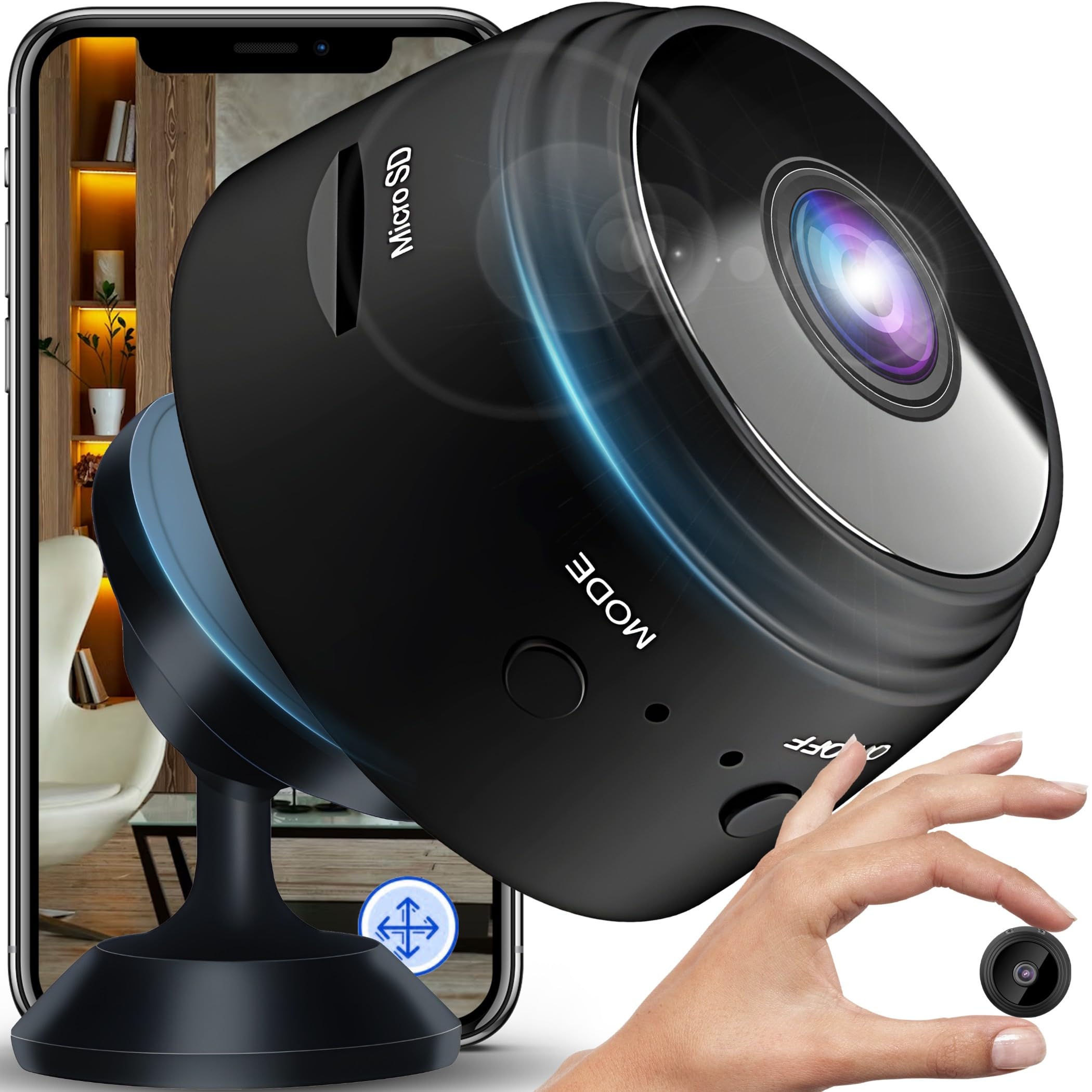 Retoo Mini cámara de vigilancia, cámara de seguridad Full HD, pequeña para interiores, detección de movimiento, batería de larga duración, grabación en tarjeta SD, compatible con Wi-Fi 2,4 G, color
