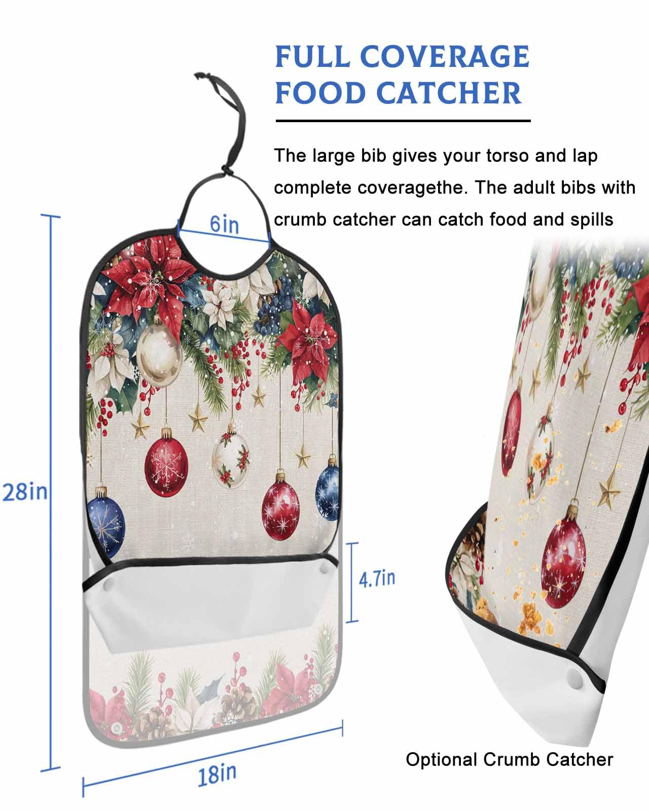 Christmas Ball Adult Bib for Adults Men, Women, Snowflake Red Blue Poinsettia Berry Xmas Washable & Adjustable Terry Cloth Bib with Crumb Catcher Reusable Waterproof Clothing Clothes Protector Apron