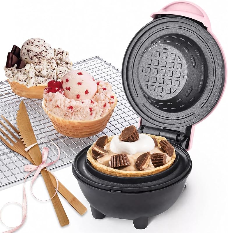 Mini máquina para hacer gofres (rosa), máquina pequeña para hacer gofres de 4 pulgadas para helados, tazones y postres, gofrera antiadherente de calentamiento rápido de 350 W, regalo compacto para niños, familia y desayuno