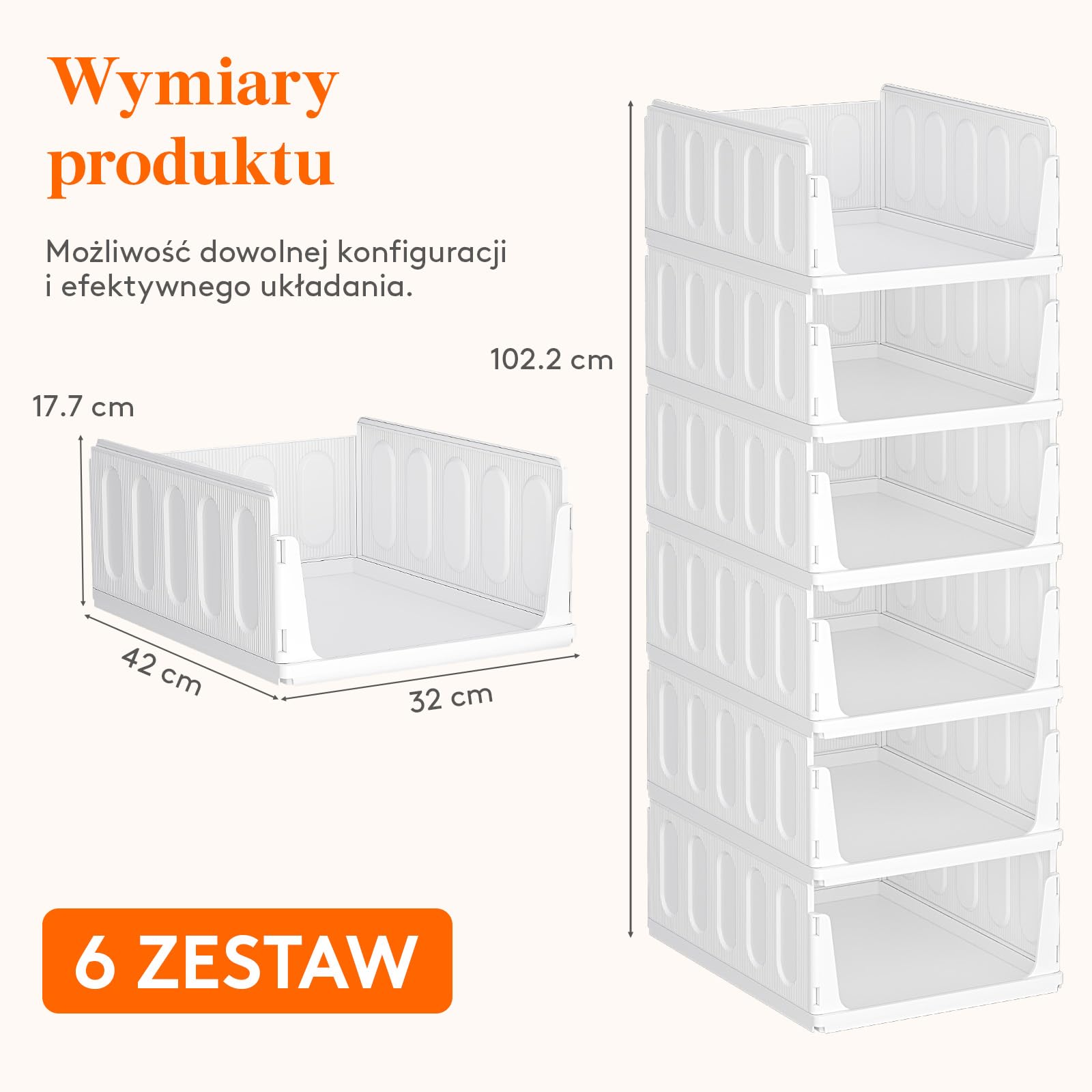 Lifewit 6 Sztuk Organizer do Szafy, Pojemniki na Ubrania, Które Można Ustawiać Jeden na Drugim, Pudełka do Przechowywania Przedmiotów w Kuchni, Łazience i Sypialni, Białe