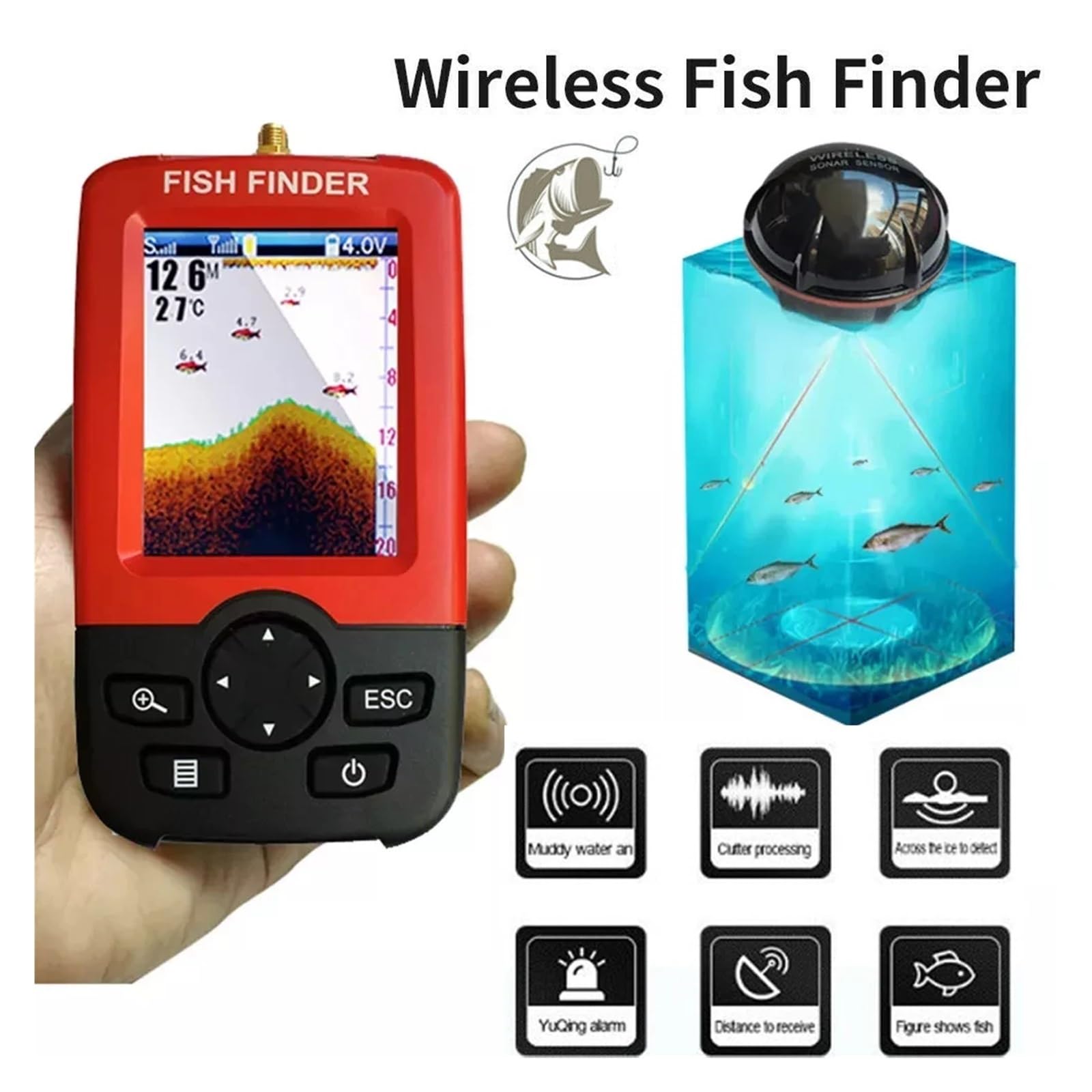 Sondeur Portable sans Fil avec Alarme, détecteur de Poissons, échosondeur de pêche, détecteur de pêche, transducteur d'alarme