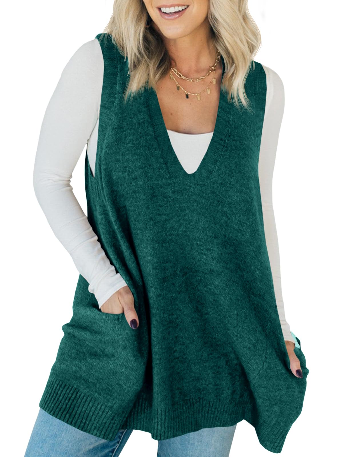 Saodimallsu Womens Sleeveless Sweater Vest V Neck Long Tunic Dress