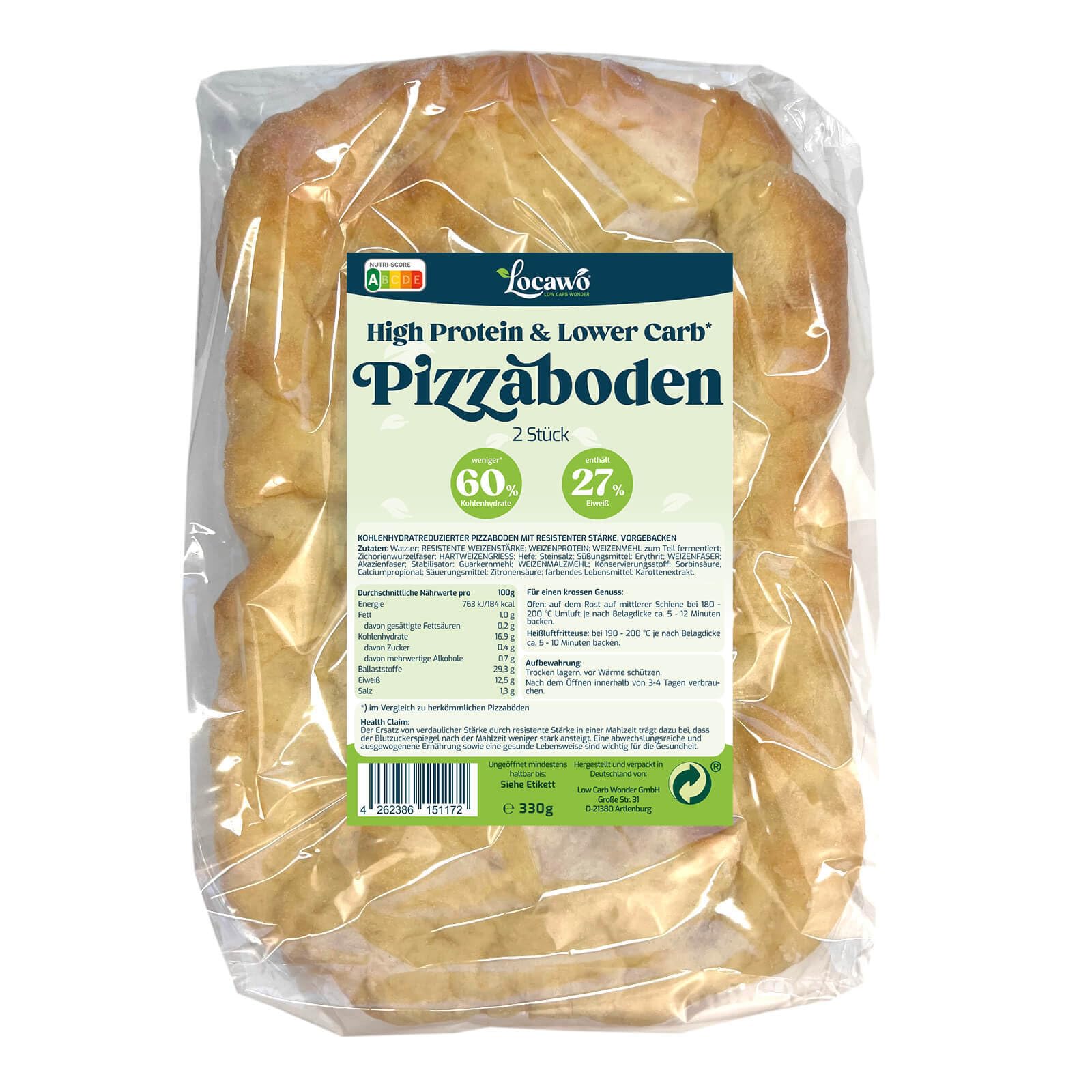 Locawo High Protein & Low Carb Pizza Boden 2 Stück | Pizza Basis | 71% weniger Kohlenhydrate | Doppelte Proteine | 89% weniger Fett | Voller Weizengeschmack | Vegan