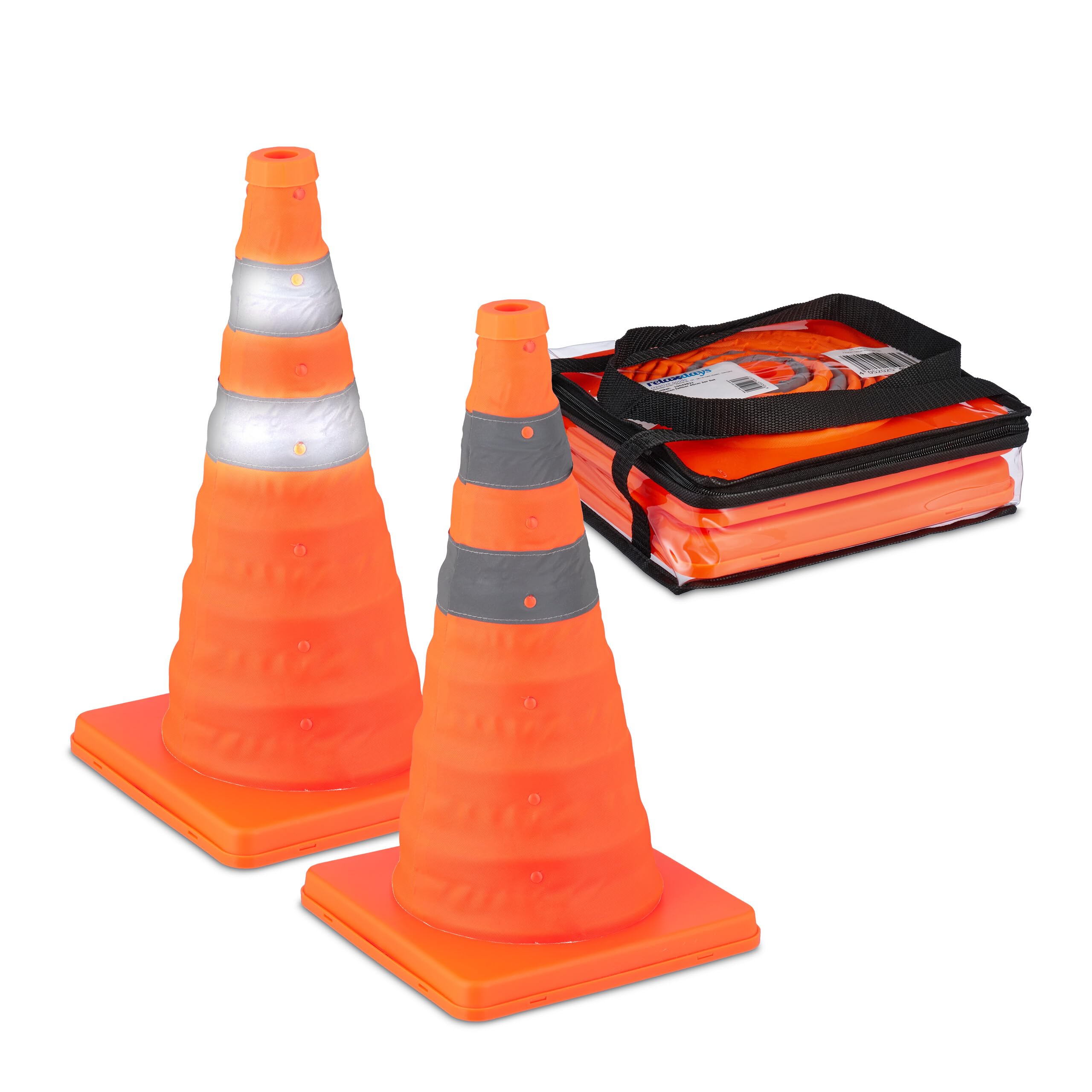Relaxdays Traffic Safety Cones, Set of 2 Collapsible Markers with Reflector Strips, 45 x 24.5 x 24.5 cm, Orange/Silver, Polyester