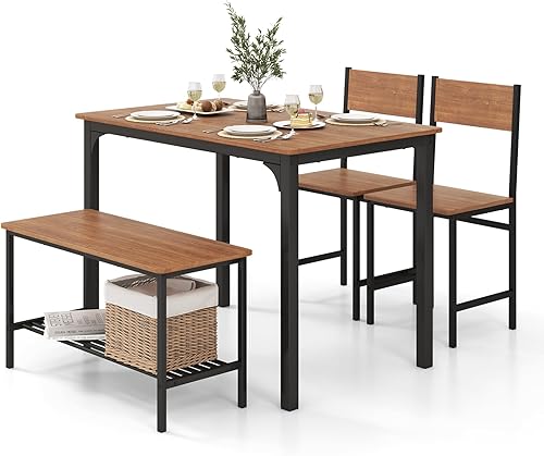 Miniatura 10 de COSTWAY Juego de mesa de comedor de 4 piezas para 4, mesa de cocina con 1 banco y 2 sillas, juego de mesa y sillas con estante de almacenamiento,