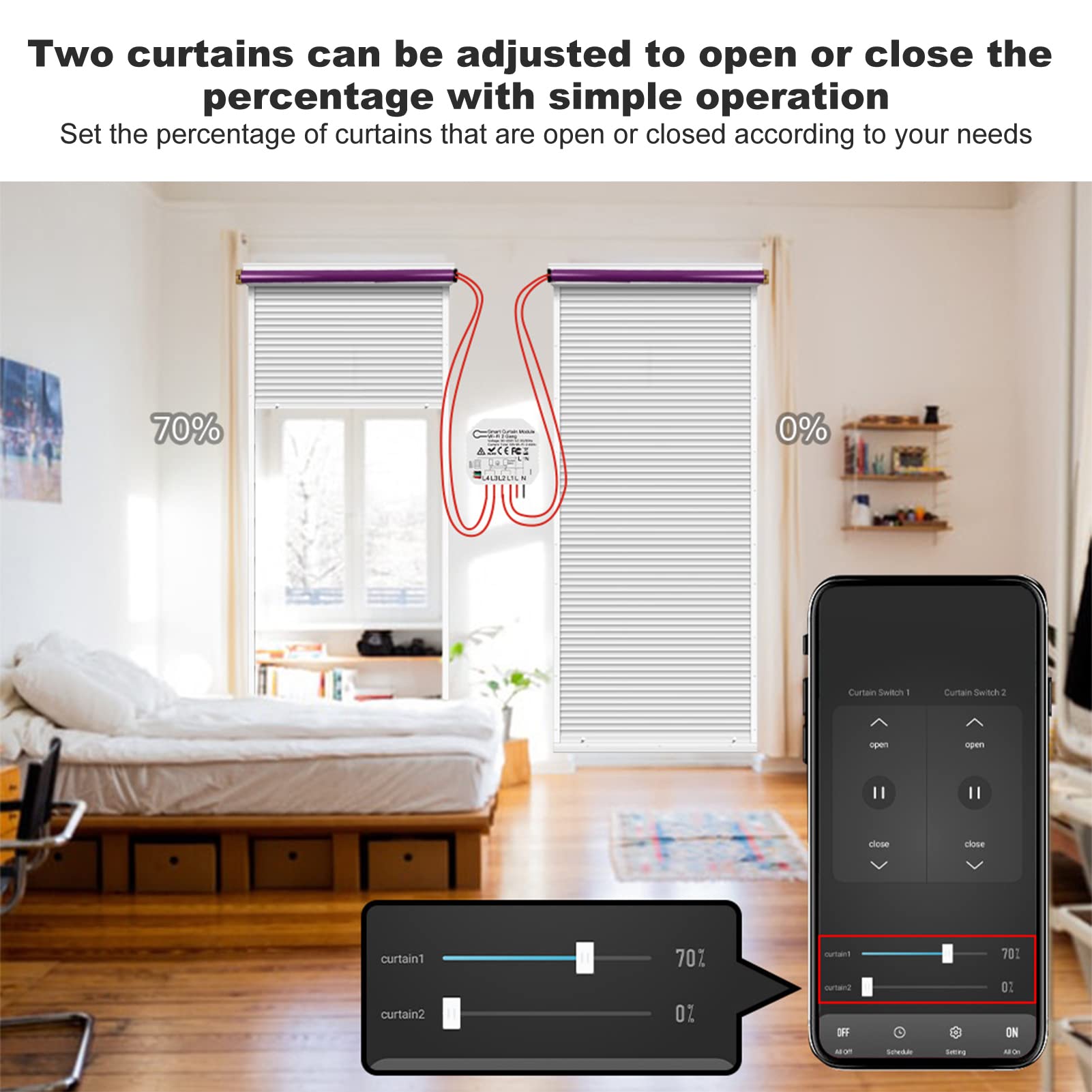 Módulo de interruptor de cortina inteligente Módulo de abridor de cortina de 2 vías Aplicación Control remoto Temporización para electrodomésticos inteligentes 90-250V