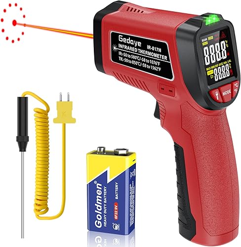 Pistola termómetro infrarroja, temperatura láser Gedaye con puntero IR 131, pistola de temperatura de carne con sonda de metal, emisividad