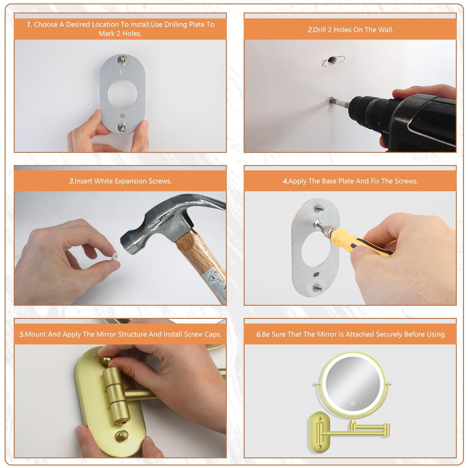 Miroir de maquillage mural double face de 20,3 cm avec lumière : miroir grossissant rechargeable 1X/30X 3200mAh, éclairage 3 couleurs à intensité variable et rotation à 360°, bras pliable, blanc