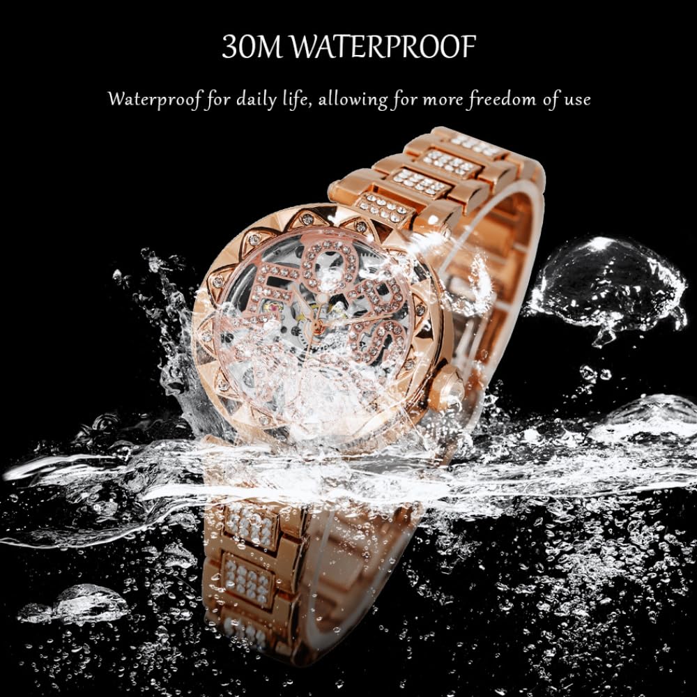 Bling strass scava fuori orologio meccanico automatico per le signore unico scheletro design impermeabile in acciaio inossidabile donne eleganti orologi diamante