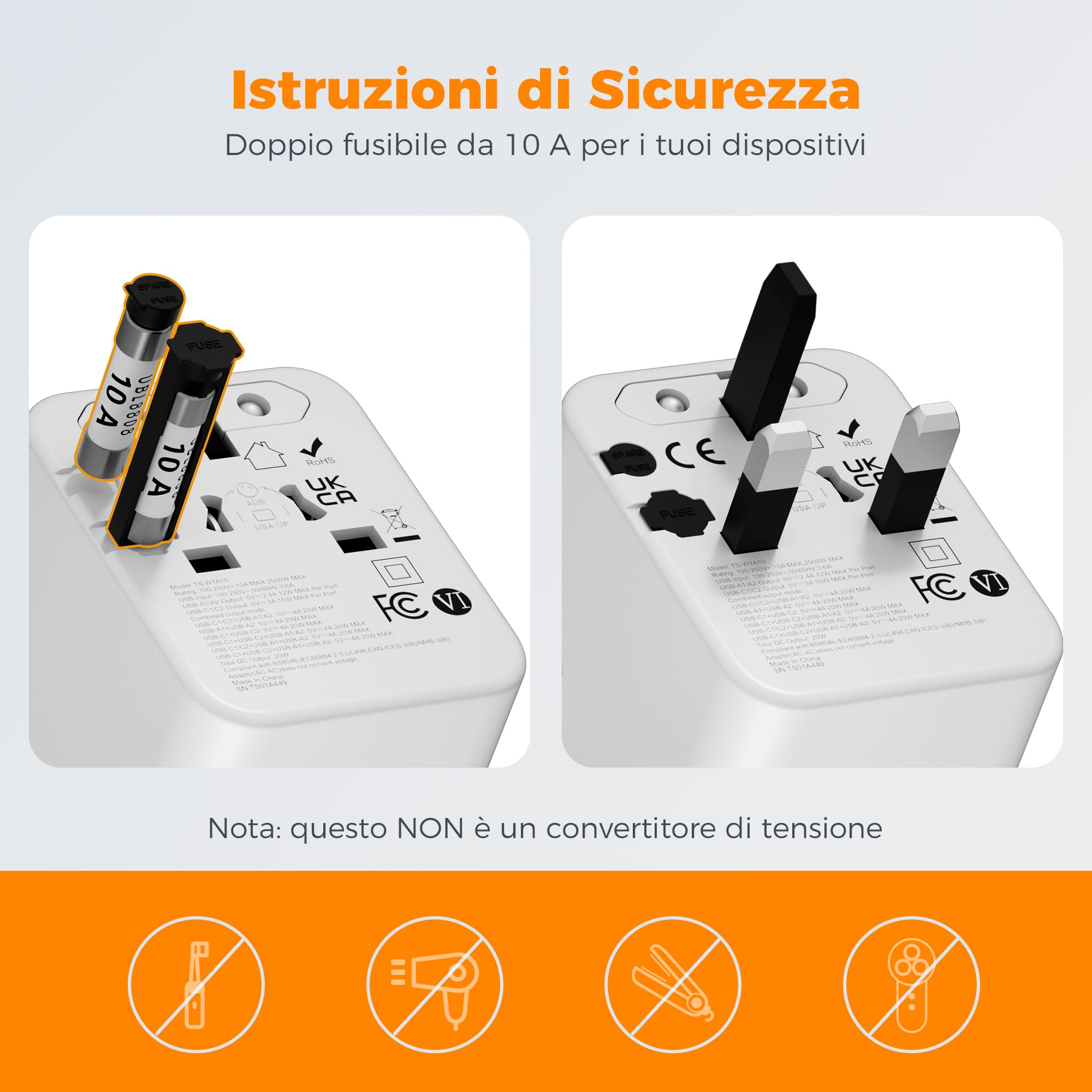 Adattatore Universale da Viaggio, TESSAN Presa Universale da Viaggio con 2 USB A e 2 USB C, Adattatore Spina Internazionale per Americana USA Giapponese UK Inglese Australia Messico Tailandia