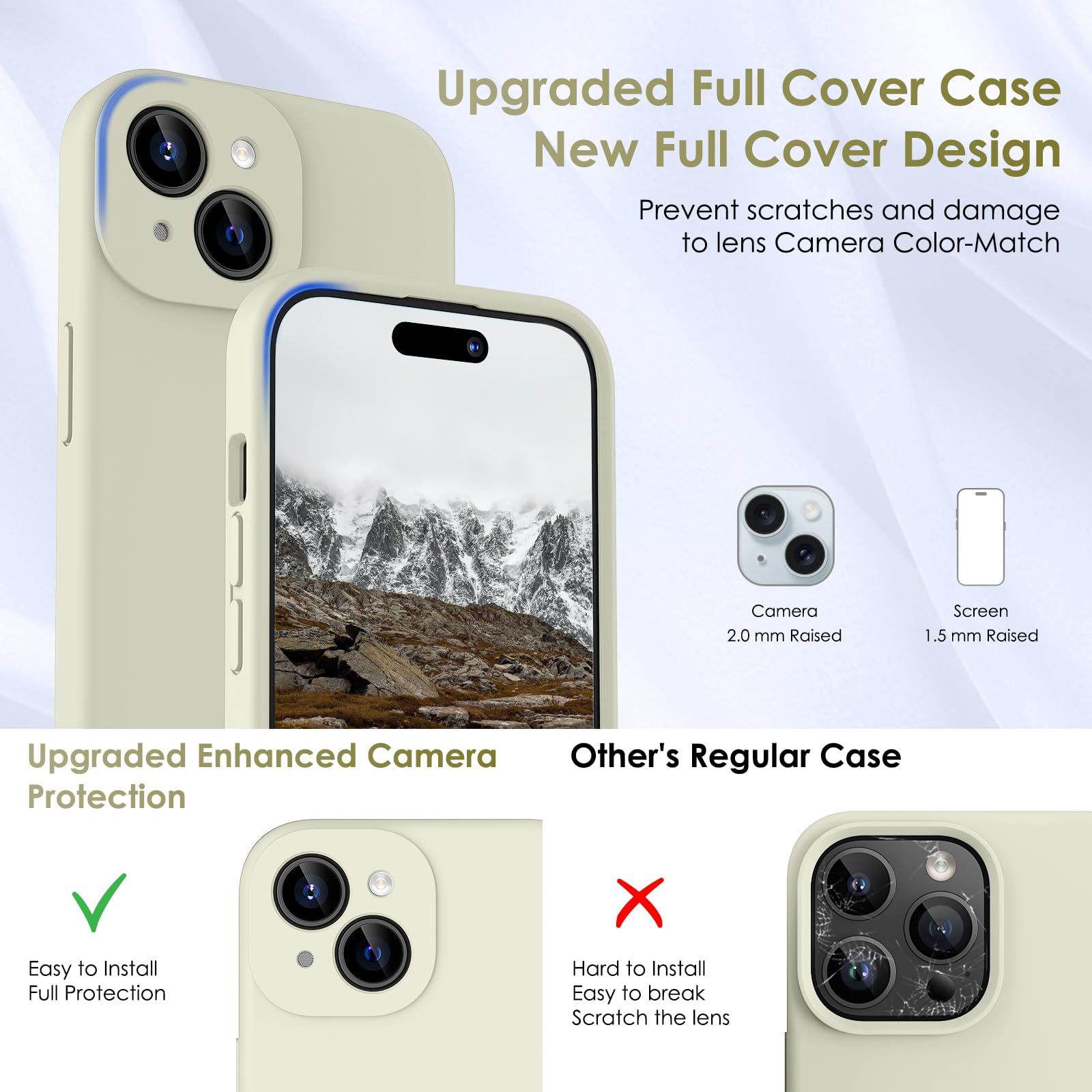 CALOOP Slim-Fit for iPhone 15 Case,Skin Soft Liquid Silicone,Sturdy Hard Frame Shockproof Cover with Anti-Scratch Microfiber Lining,Full Protection for Screen and Lens,6.1 inch (Stone) - Image 3
