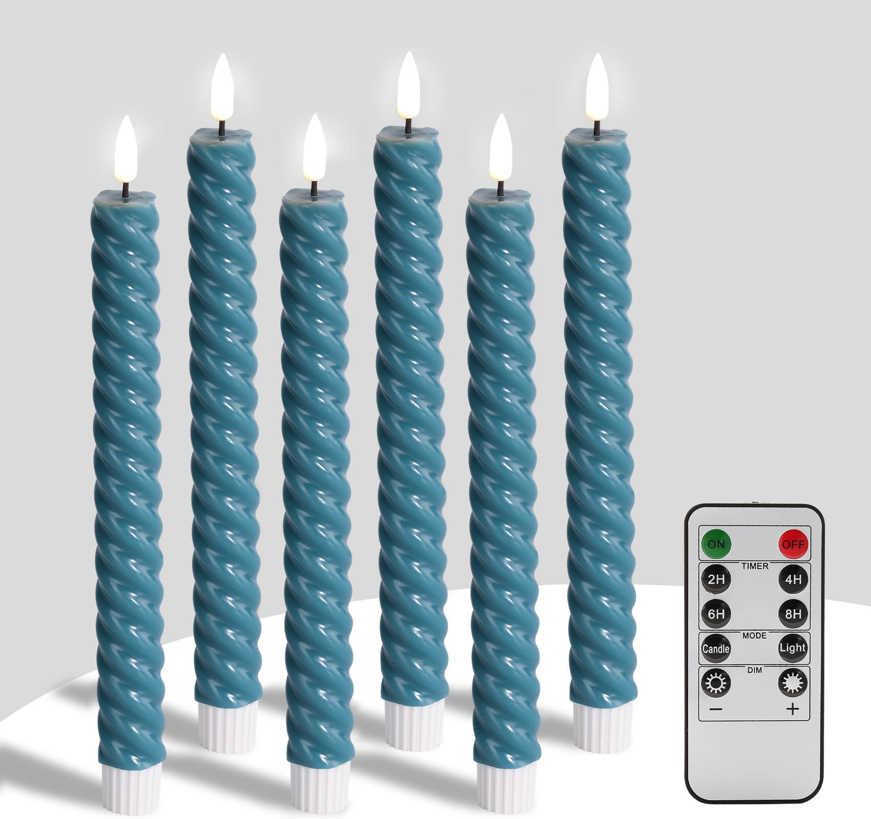 Eywamage Teal Blue Flameless Taper Candles with Remote, Spiral LED Candlesticks Battery Wax Candles Set of 6