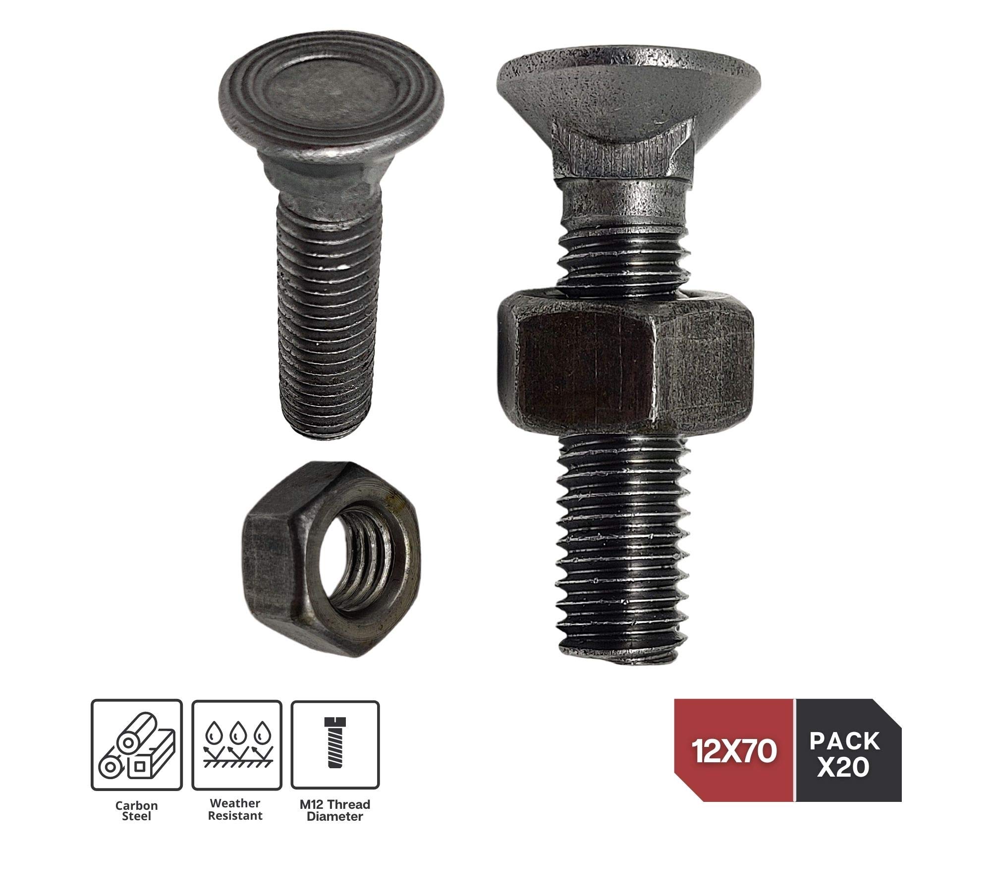 DOJA INDUSTRIAL | Tornillos Arado | PACK 20 | Tamaño: 12 x 70 mm | Tornillo Cabeza Plana | Pernos de Arados en Acero | Agricultura, Ferreteria