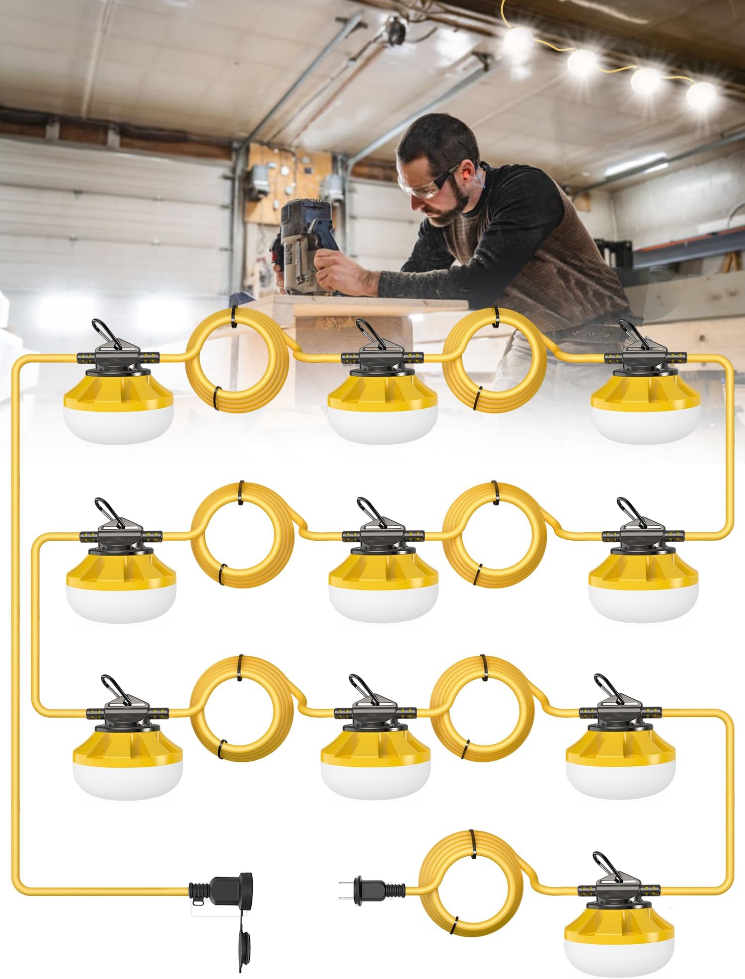 Construction String Lights: 100FT 10 Bulbs String Work Lights with Climbing Hooks - IP65 Waterproof Linkable LED Construction String Lights for Job Site Attic Renovation Crawlspace Lighting