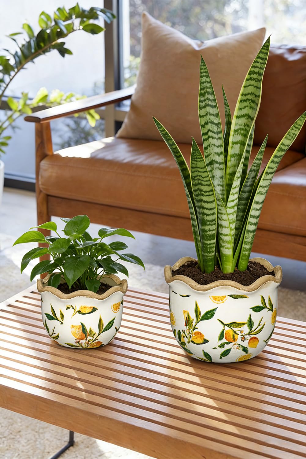 2er Set Keramik Blumentöpfe mit Vintage Zitronenmuster Wellenkanten-Design mit Drainageloch-Untersetzern für Zimmerpflanzen/Sukkulenten, Retro-Dekoration für Gartenbehälter-Sets im Freien, 17cm/14cm