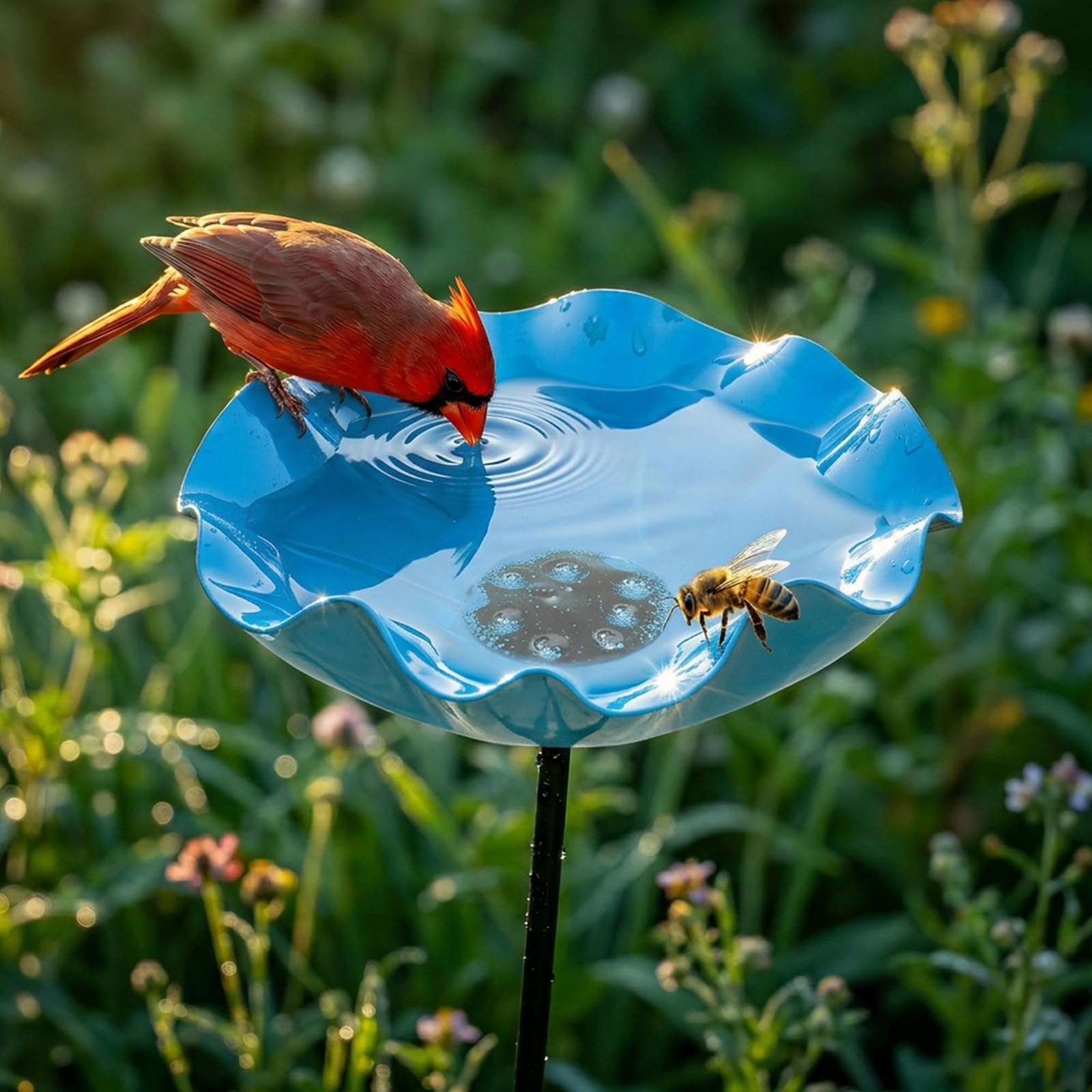 Bee Watering Station for Garden, Metal Flower Garden Stake with Bee Bath & Bird Water Bowl, Butterfly Pollinator Drinking Cups, Decorative Outdoor Yard Art, Weather-Resistant Lawn Decor Gift (blue)