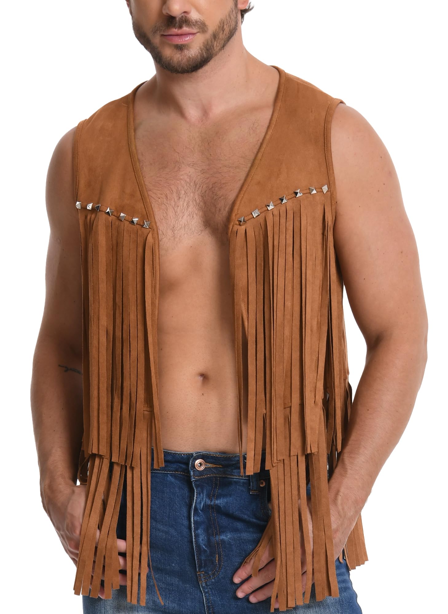AIEOE Men's Hippie Fringed Vest Cowboy Costume Indian Sleeveless Retro Suede 70s Party Carnival
