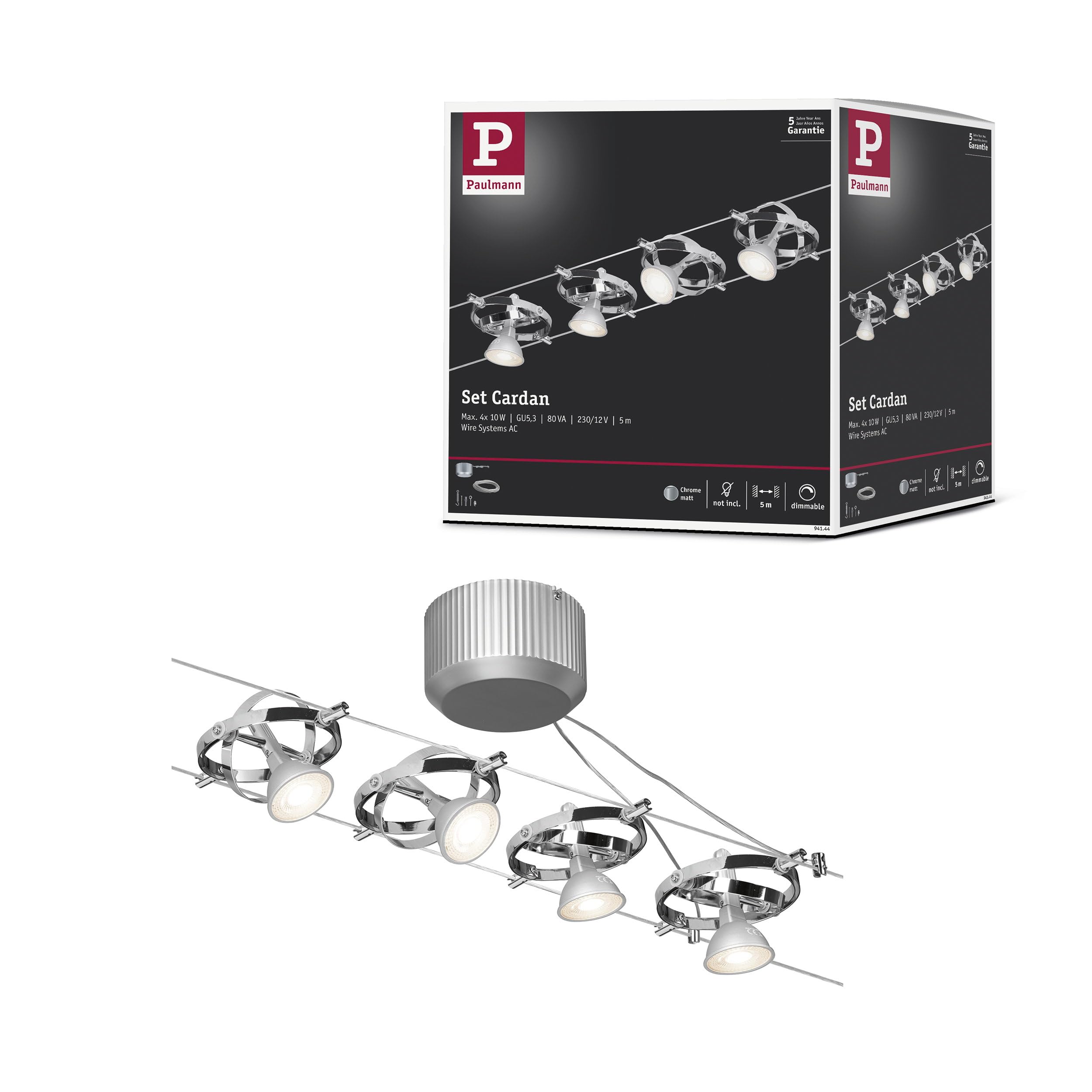 Paulmann 94144 Cable Lighting System – Cardan Set, Extendable Max 4 x 10 Watt Matt Chrome/Chrome Wire Suspension Lamps Without Bulbs