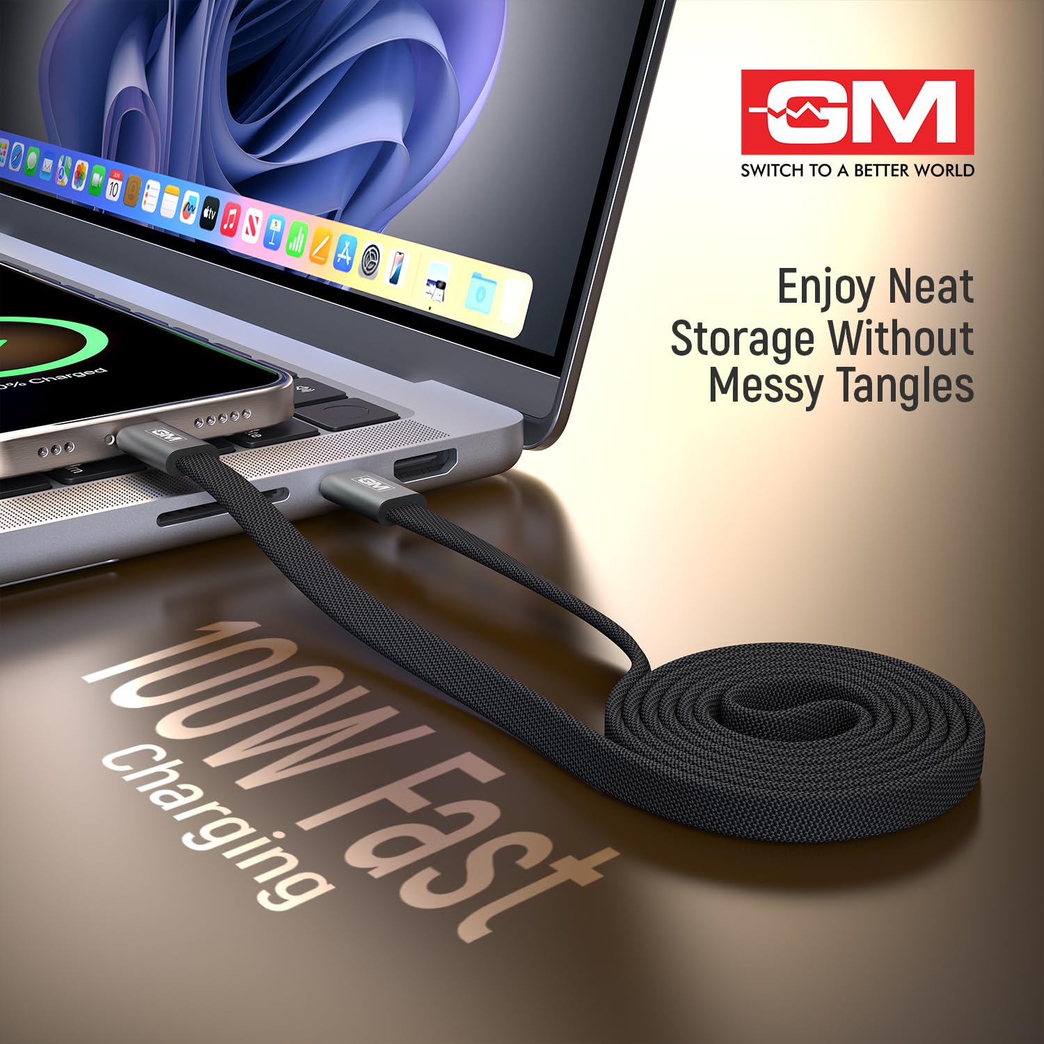 GM G+ Air Magnetic 100W Type-C-C Fast Charging Cable|Ultra-Slim 4.5mm Flat Design|Magnetic Auto-Wrap| 20,000 bend cycles tested|480Mbps Data Speed| Compatible with Laptop, Tablet & Smartphone |120cm — Amazon image 2