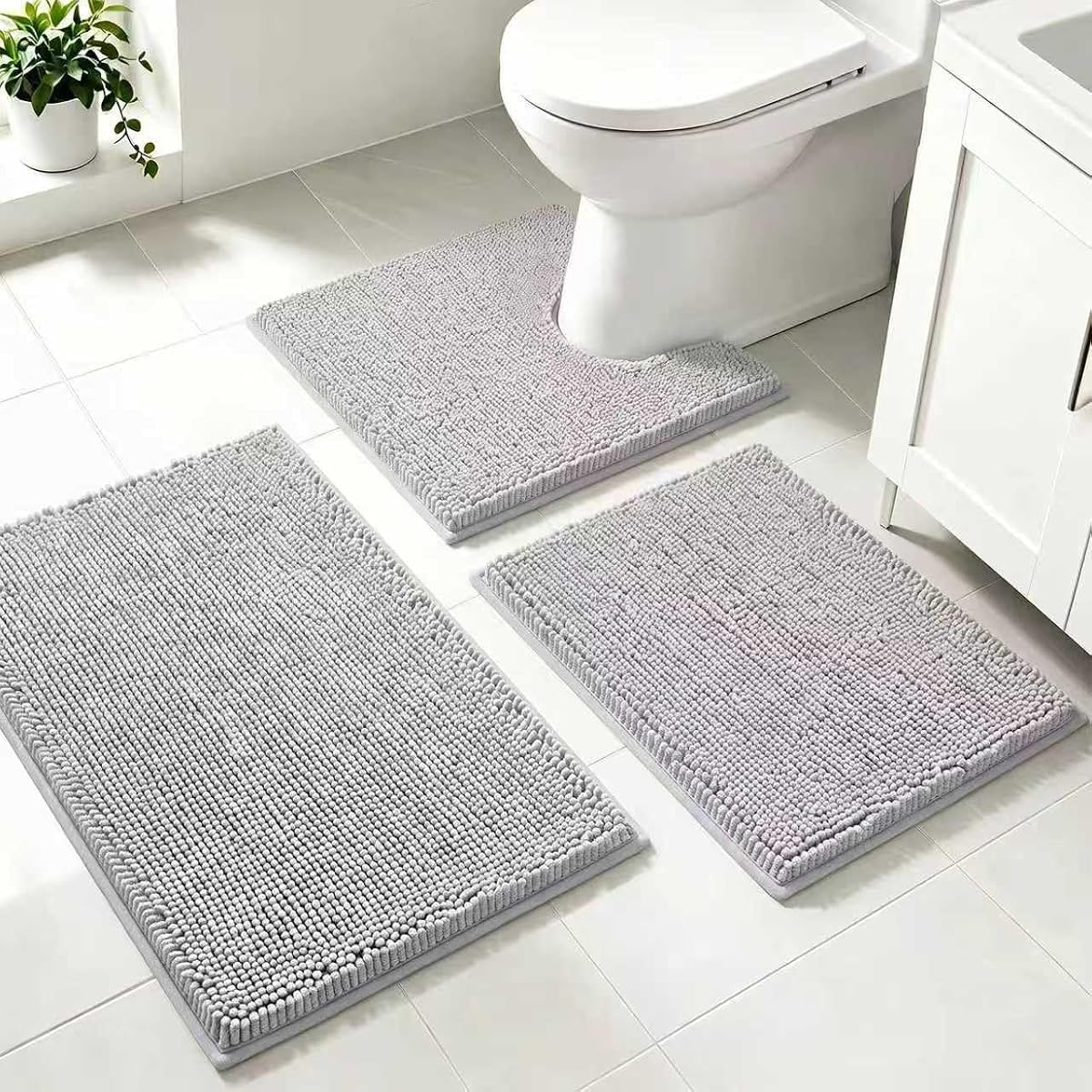 BOANKODU Bathroom Rugs Sets 3 Piece, Super Soft Absorbent Bath mat Set,with U-Shaped Toilet Rug,Strong PVC Underside Bathroom Rug,Antiskid Bath mats Washable Toilet mat, Light Gray