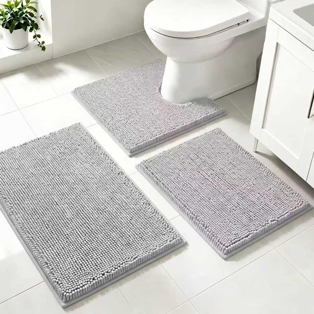 BOANKODU Bathroom Rugs Sets 3 Piece, Super Soft Absorbent Bath mat Set,with U-Shaped Toilet Rug,Strong PVC Underside Bathroom Rug,Antiskid Bath mats Washable Toilet mat, Light Gray