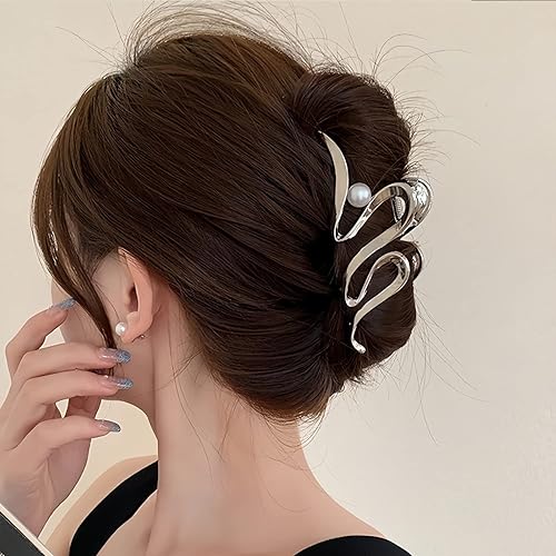 Miniatura 3 de Pinzas de pelo de cinta plateada de metal con perlas, accesorios para el cabello para mujeres y niñas, elegantes pinzas para el cabello ondulado
