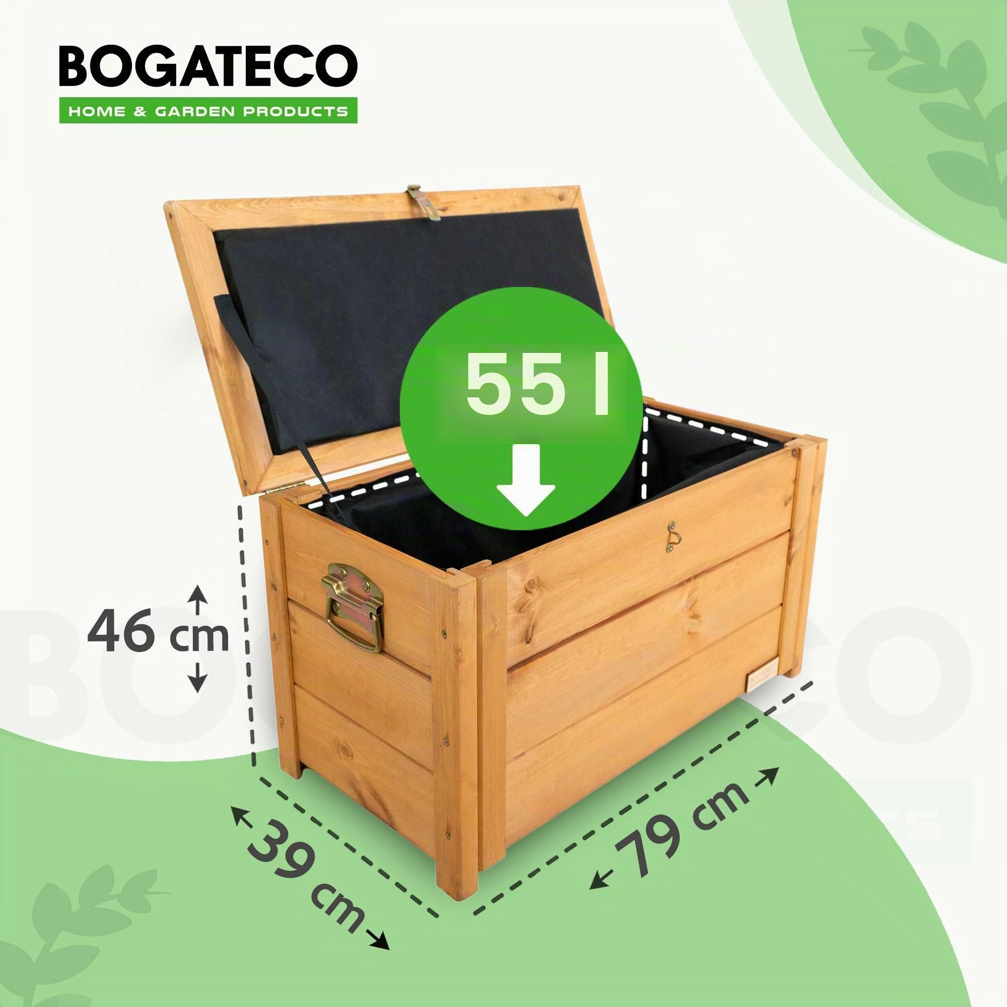 BOGATECO Gartenbox Holzkiste mit Deckel | Thermobehälter | Isoliert Kaste zur Aufbewahrung von Obst und Gemüse 55L | Verstellbare Fächer 79x46x39cm