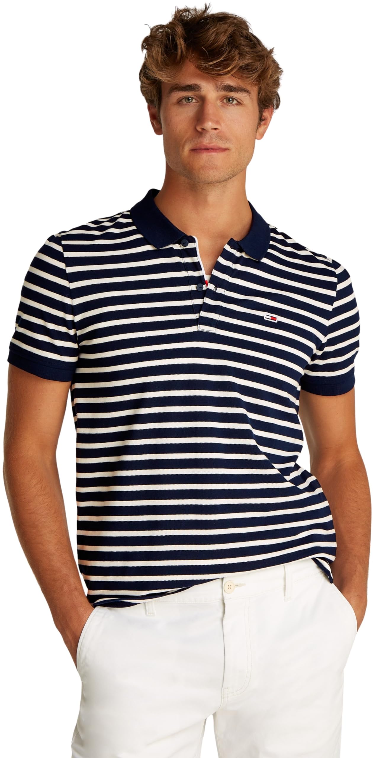 Tommy Jeans Men’s Short Sleeve Placket Slim Fit Polo Shirt, Multicolor (Dark Night Navy/Ecru), M