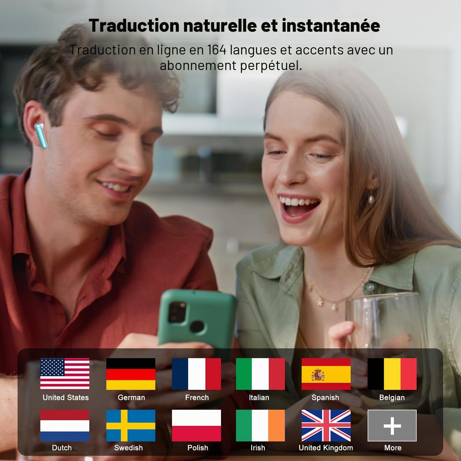 Puqo AI Traducteur Vocal Instantané, 48H Ecouteur Traducteur Instantané avec 164 Langues, 7 Modes de Traduction, 3 en 1 Écouteur Traducteur, Buletooth 5.3 Oreillette Traduction Instantanée, Bleu