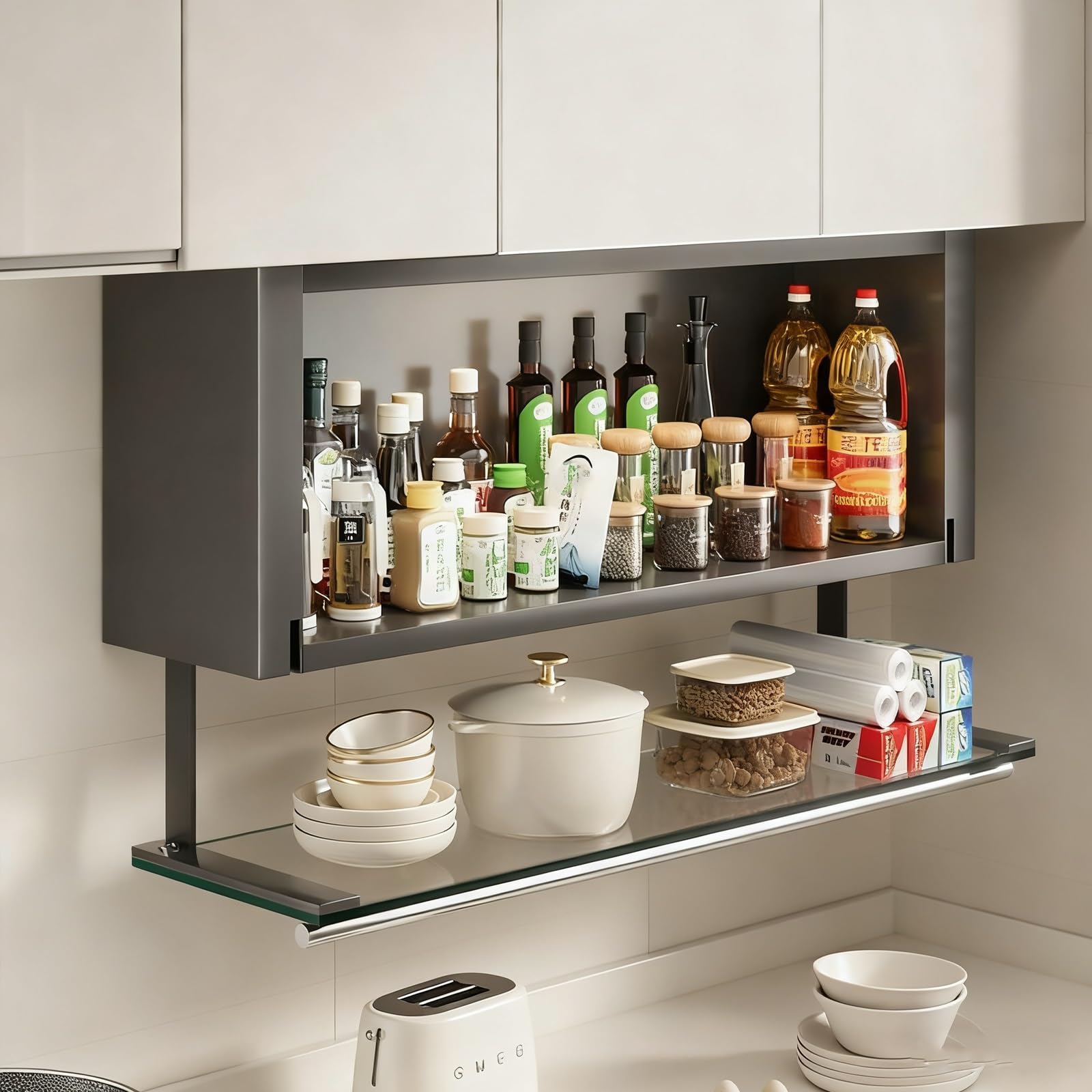 Meuble de rangement suspendu avec vitre pour salle de bain et cuisine d'angle