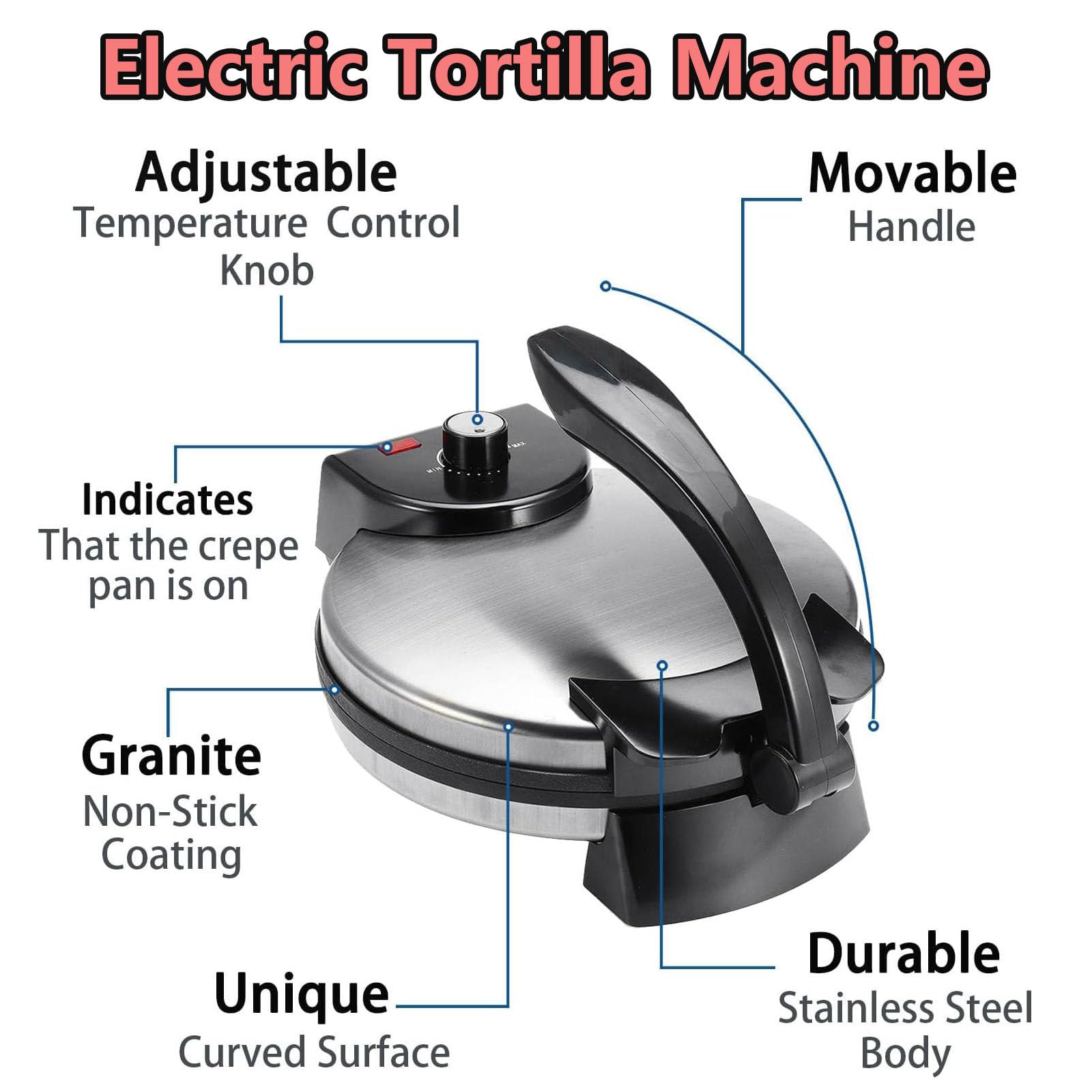Roti Maker Chapati Maker - Pressa per Tortilla in Stile Messicano, per Realizzare Tortillas Fatti in casa, Tacos Flatbreads Chapati, in Acciaio Inox,110v-1100W