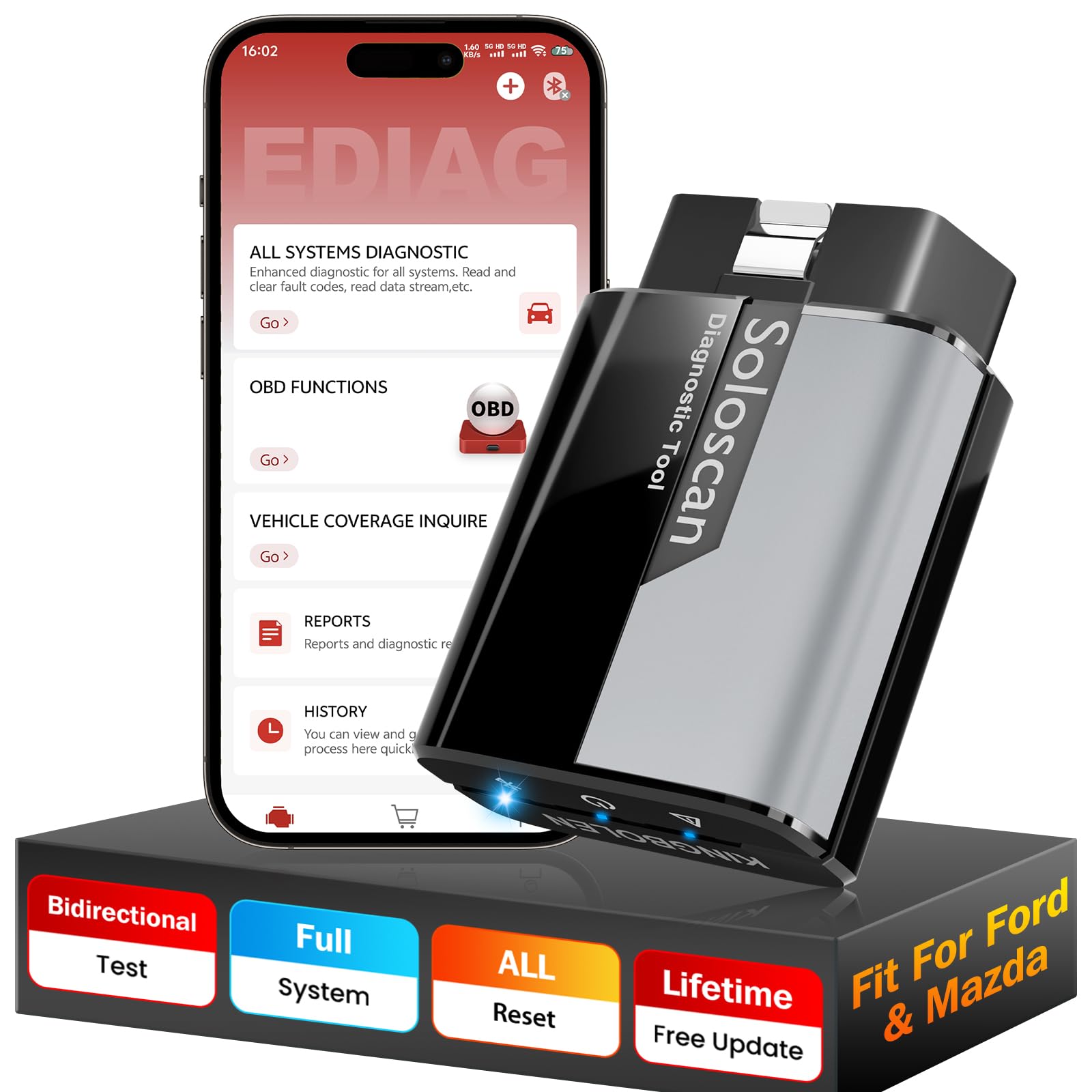 KINGBOLEN Soloscan OBD2 Auto Diagnostica per Ford/Mazda/Lincoln, Bluetooth Diagnosi Auto Professionale in Italiano, per Sistema Completo, 50+ Servizi, Aggiornamento a Vita