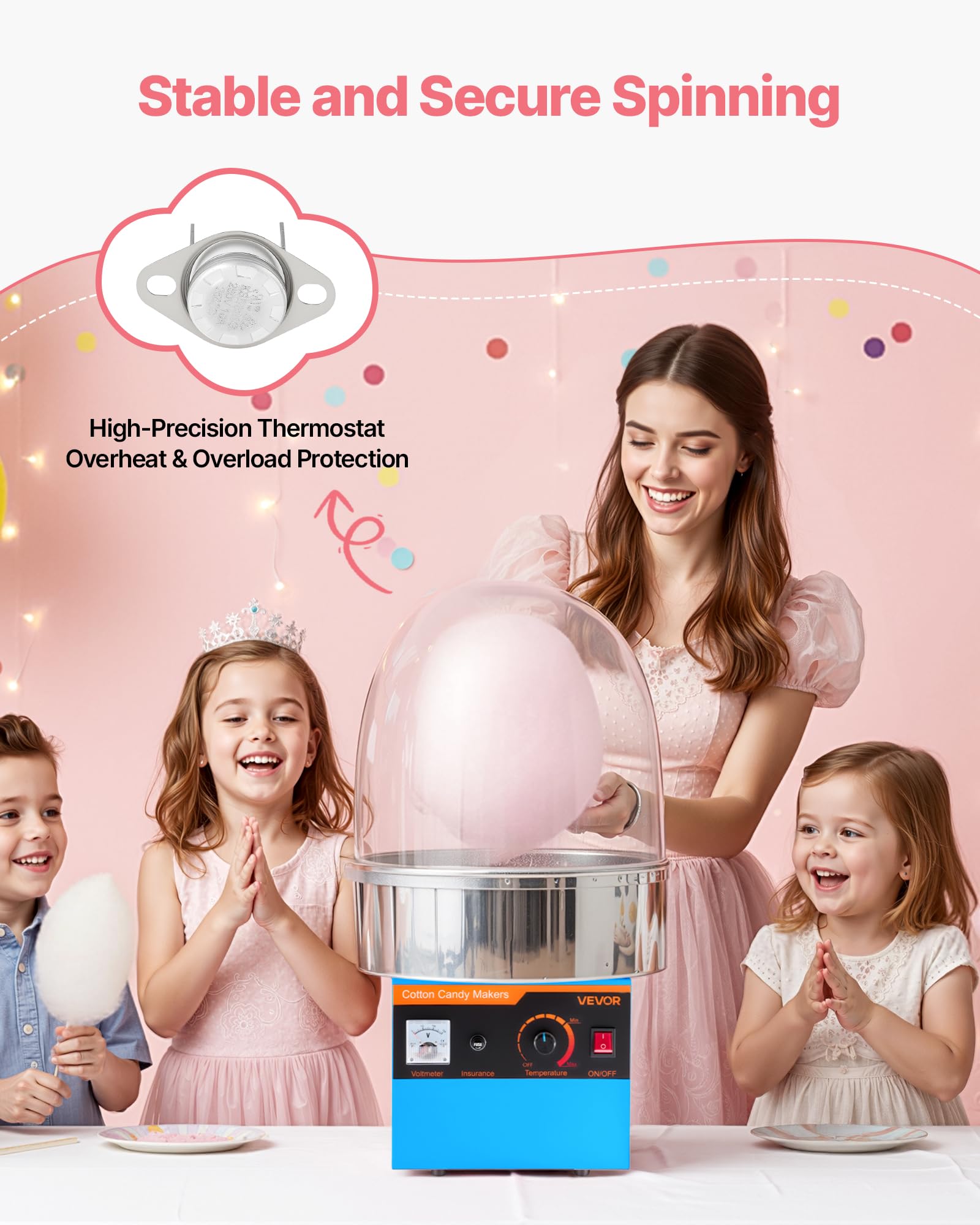 VEVOR Máquina Eléctrica de Algodón de Azúcar 1000 W, Máquina para Hacer Algodón de Azúcar con Tapa, Recipiente de Acero Inoxidable y Cuchara para Azúcar, para Carnavales, Cumpleaños, Fiestas, Azul